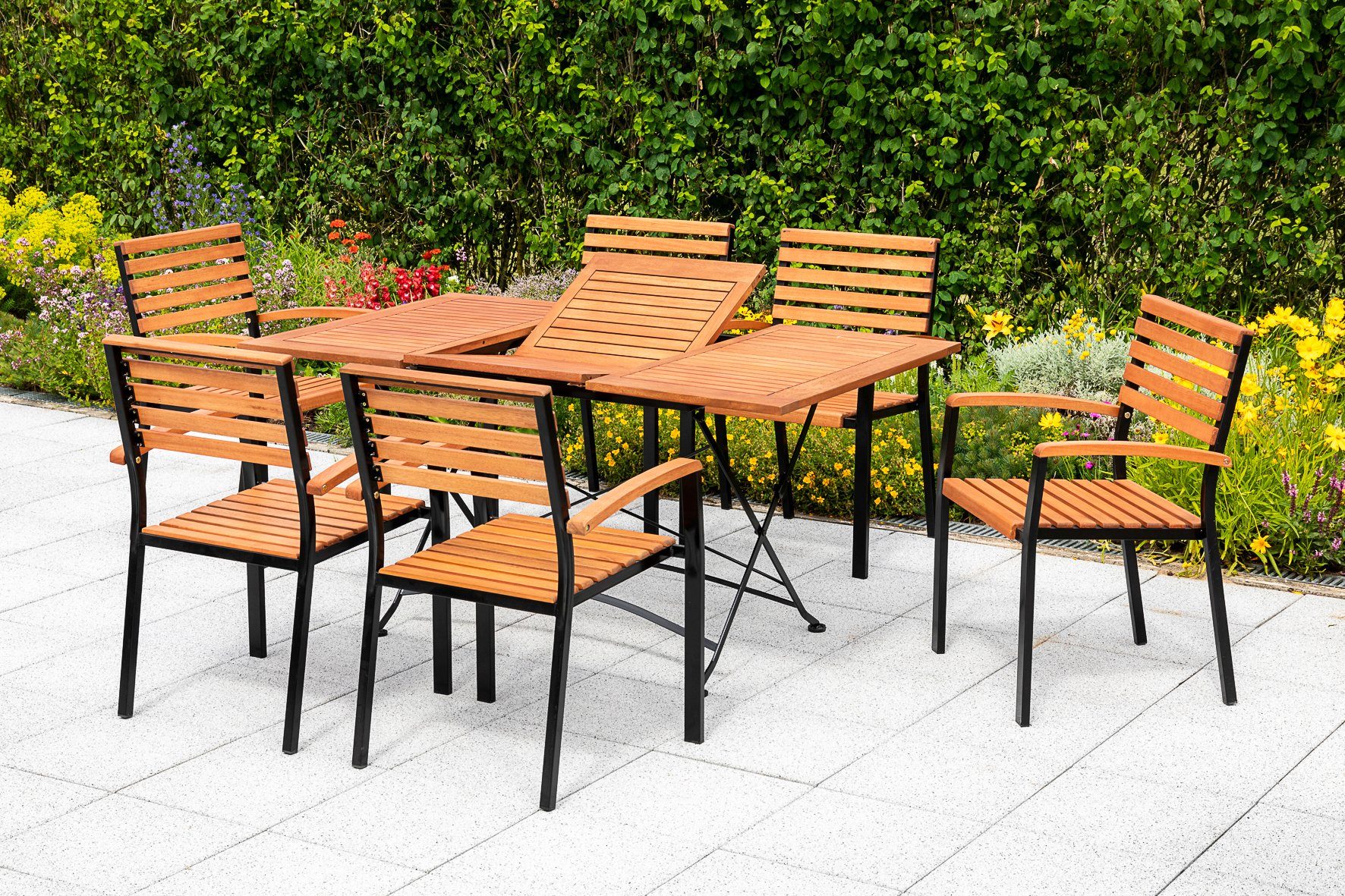 MERXX Garten-Essgruppe Schloßgarten, (7-tlg), 6 Stapelsessel, Klappausziehtisch
