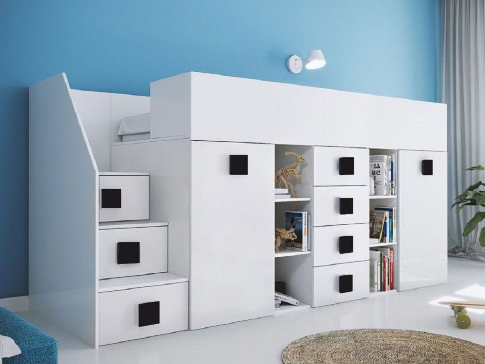 mit 3 - - Treppe Hochglanz Hochbett Schreibtisch Farbe Feldmann-Wohnen weiß (Etagenbett TOLEDO weiß wählbar Griffe / Kleiderschrank) schwarz + links