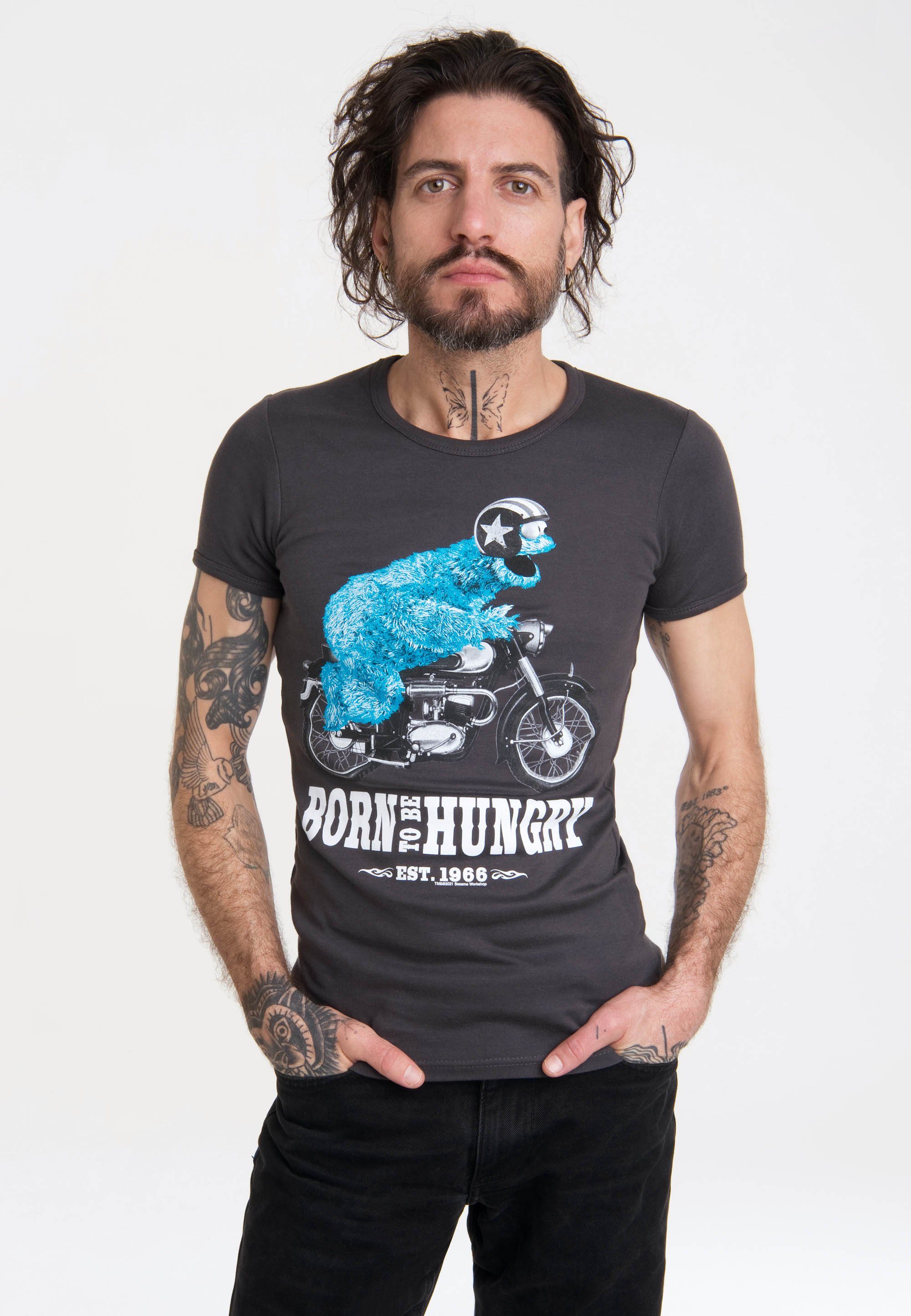 LOGOSHIRT T-Shirt Sesamstraße - dunkelgrau Print mit Krümelmonster Motorrad lizenziertem