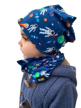 HECKBO Beanie HECKBO Astronaut Weltall Kinder Jungen Mädchen Beanie Mütze & Loop-Schal Set - Wendemütze oder Wintermütze mit Fleece Vlies - 2-8 Jahre - 95% Baumwolle - weiches & pflegeleichtes Stretch-Material