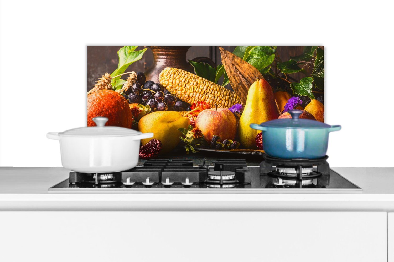 MuchoWow Küchenrückwand Gemüse - Obst - Rustikal - Tisch, (1-tlg), 60x30 cm, Wandschutz, gegen Fett und Schmutzflecken für Küchen