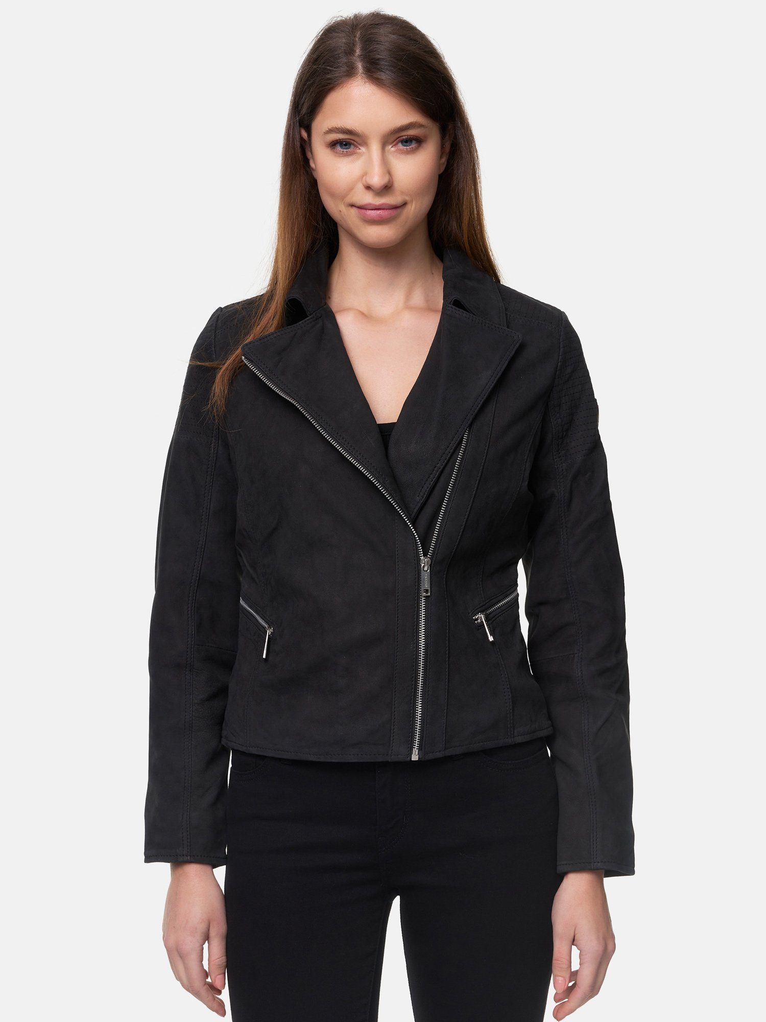 Look Damen Tazzio schwarz mit F500 Biker Lederjacke & Jacke im Zipper-Details Leder Reverskragen