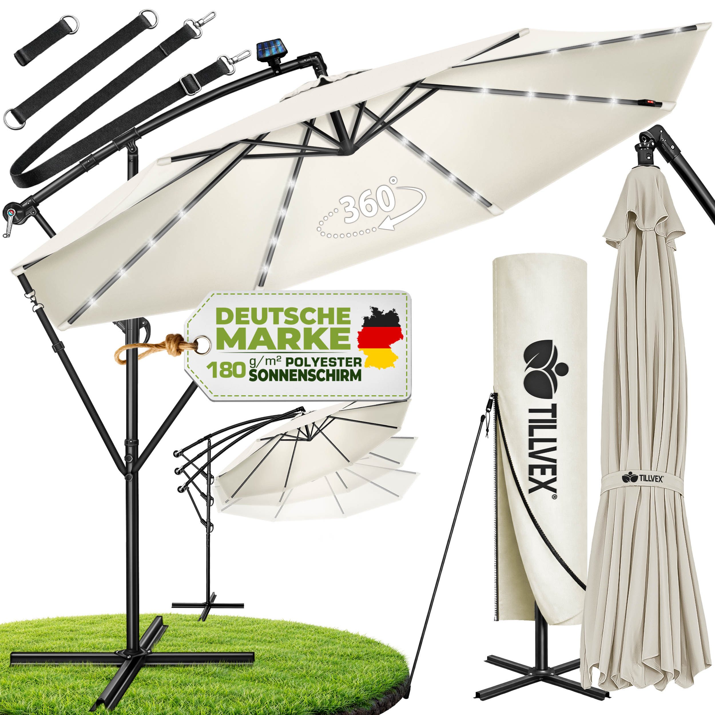 tillvex Sonnenschirm tillvex® Sonnenschirm LED Solar Ø 3m Ampelschirm Balkon Gartenschirm, Alu Ampelschirm + Abdeckung LED Solar Ø 350 cm mit Kurbel, Abdeckung + Ständer, Gartenschirm UV-Schutz Aluminium, Kurbelschirm Marktschirm wasserdicht 360° drehbar
