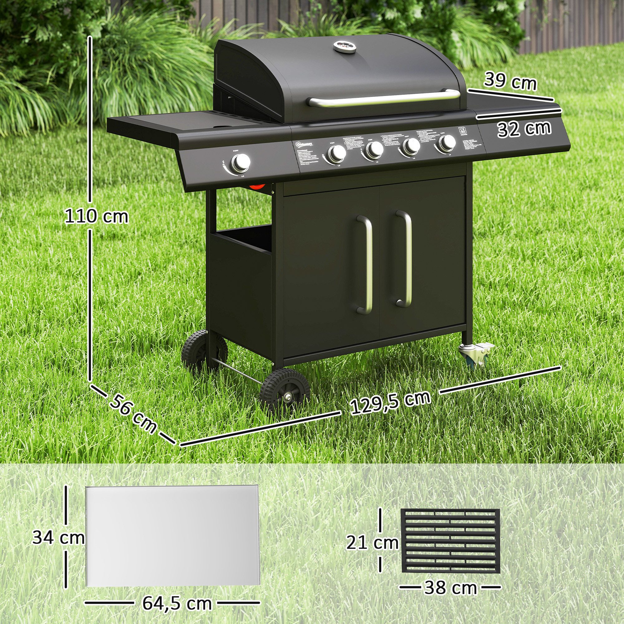 Outsunny Gasgrill inkl 5 Edelstahl-Brenner, Rolle, Seitenkocher, Deckel, BBQ Gartengrill, 15,2 KW Grillwagen, für Balkon, Grill 129,5 x 56 x 110 cm