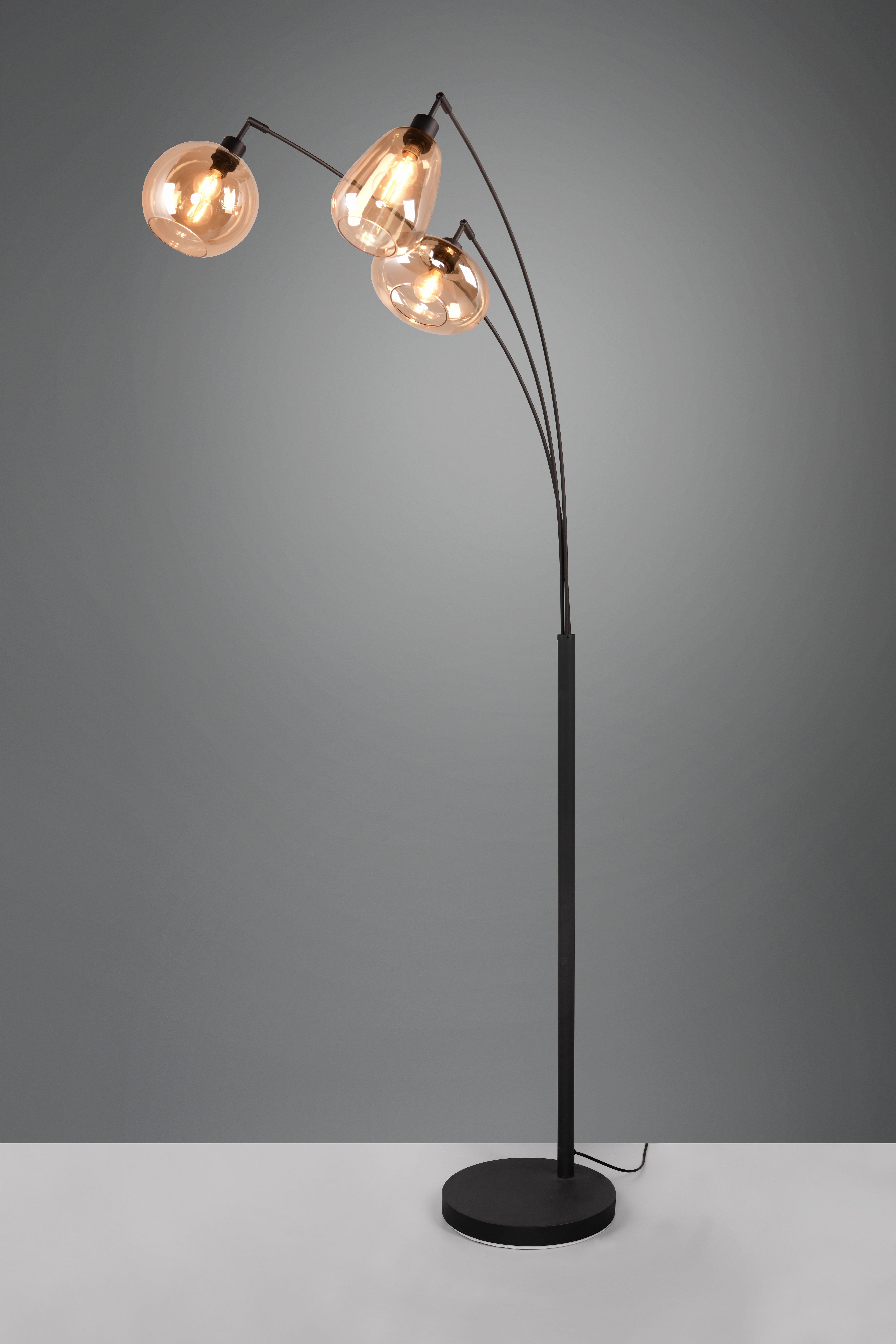 TRIO Leuchten Stehlampe Lumina, gebogene Stehleuchte mit Glasschirmen exkl 3xE14 max 10W, Leuchtmittel wechselbar, warmweiß - kaltweiß, amberfarbige Gläser in 3 Formen, Fußschalter, Bogenleuchte Höhe 200 cm