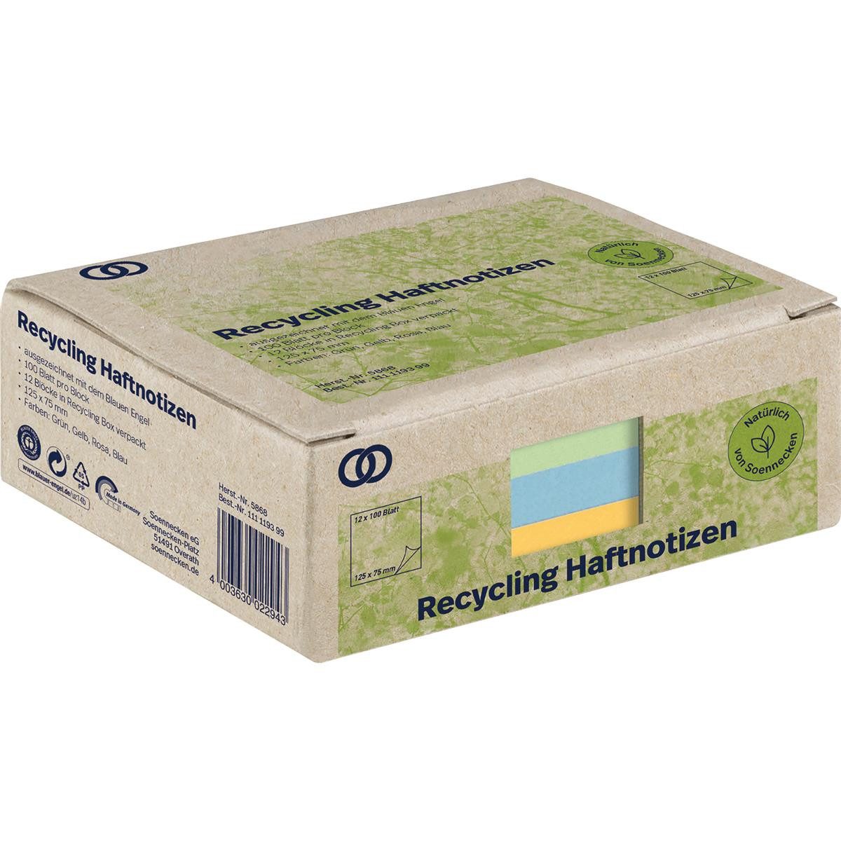 Haftnotizblock Soennecken Haftnotiz oeco 5868 RC 125x75mm 100Bl. sort. 12St.
