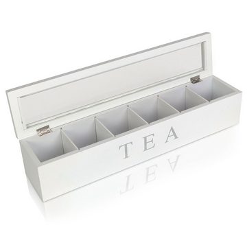 Oramics Teebox Teekiste mit 6 Fächern im edlen weißen Holzdesign Teebeutelbox, Holz, (Die Box eignet sich perfekt zum Aufbewahren und Sortieren, 1-tlg., Teekasten aus robustem, lackiertem Holz mit silberner Aufschrift), Die Tee Aufbewahrungsbox ist ein Muss für jeden Teekenner