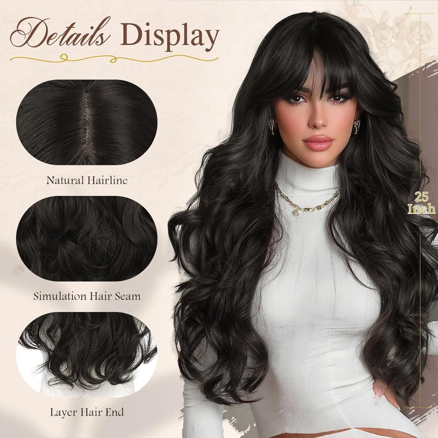 LuxusKollektion Kunsthaarperücke Perücke 60cm Pony Naturhaar Frauen Partys Cosplay Dunkelbraun