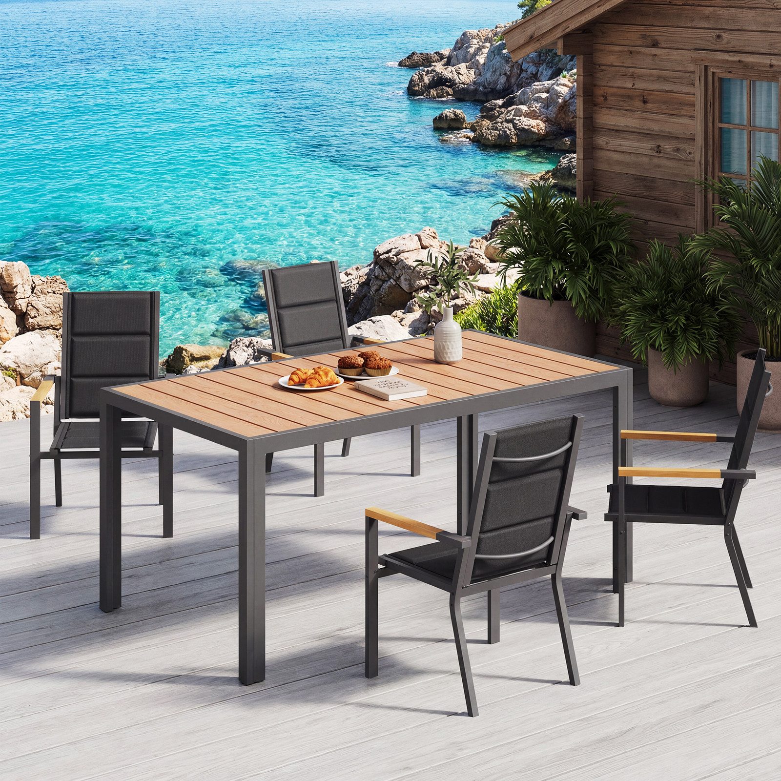 HOMALL Gartentisch Holzoptik Esszimmertisch 100kg Belastbarkeit, für 4-10 Personen (150/180cm Garten-Esstisch wetterfest Aluminiumrahmen Verstellbare Füße, für Außenbereich)