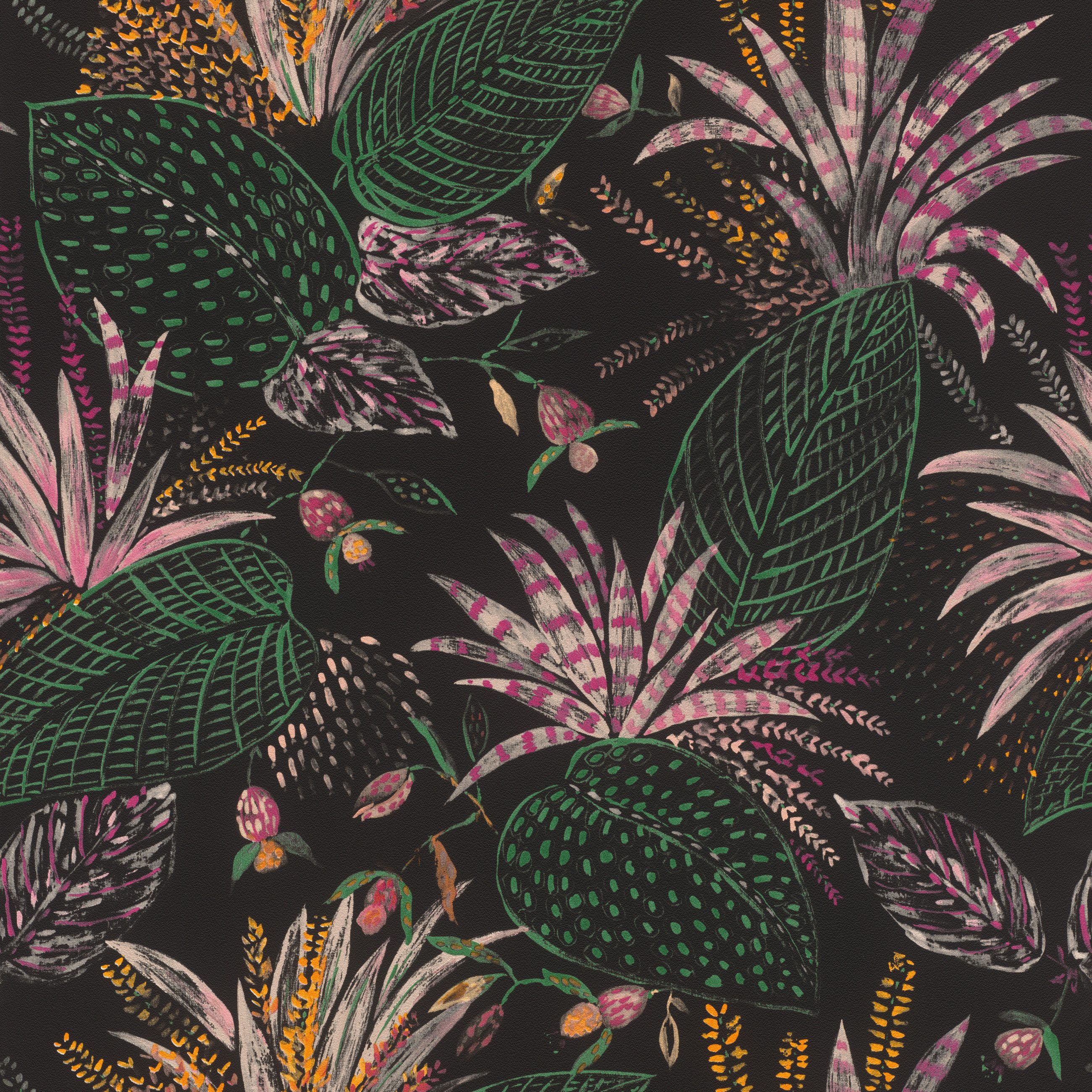 Rasch Vliestapete Blätter - Vinyltapete Schwarz Grün Rosa Pink, floral, bedruckt, (1 Rolle, 1 St., 10,05 m x 0,53 m), Lichtbeständige Farben - Feucht abwischbar - Restlost abziehbar