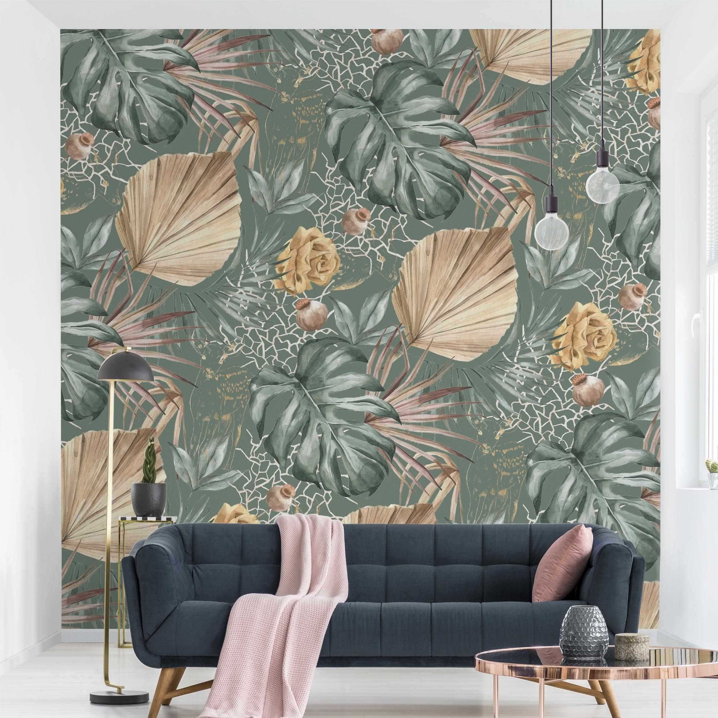 Bilderdepot24 Mustertapete Muster Große Blätter Rosen Grün Grün Beige Wanddeko Vintage Tropical, Glatt, Matt, (Vliestapete inkl. Kleister oder selbstklebend), Wohnzimmer Schlafzimmer Küche Flur gemusterte Vliestapete Wandtapete