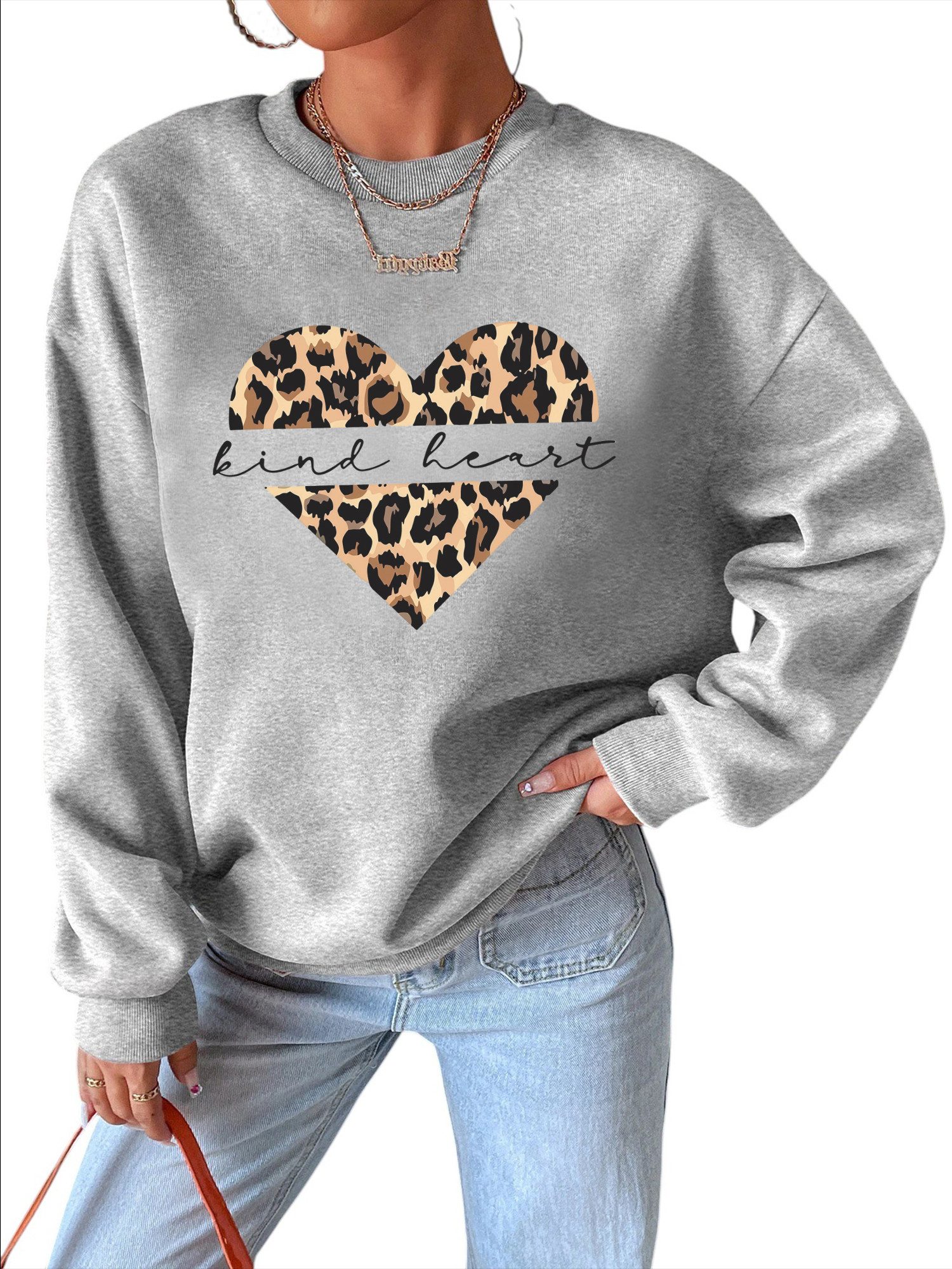 PYLIKE Fleecepullover Damen Rundhalsausschnitt Oversized Sweatshirt mit Animal Print Bequem für Herbst & Winter