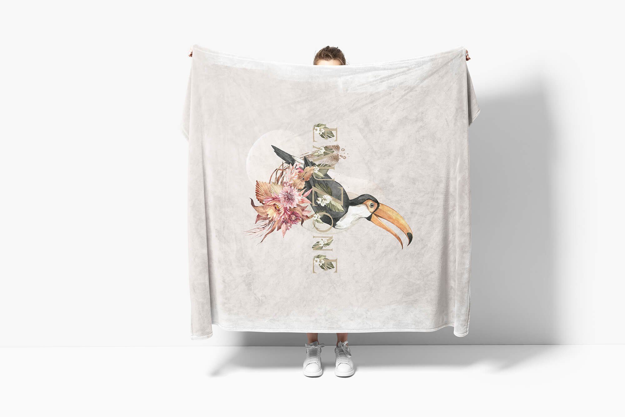 Handtuch Sinus Art Kuscheldecke exotischer Tukan Handtuch Mot, Saunatuch Baumwolle-Polyester-Mix schönes Blüten Vogel Blumen Strandhandtuch (1-St), Handtücher