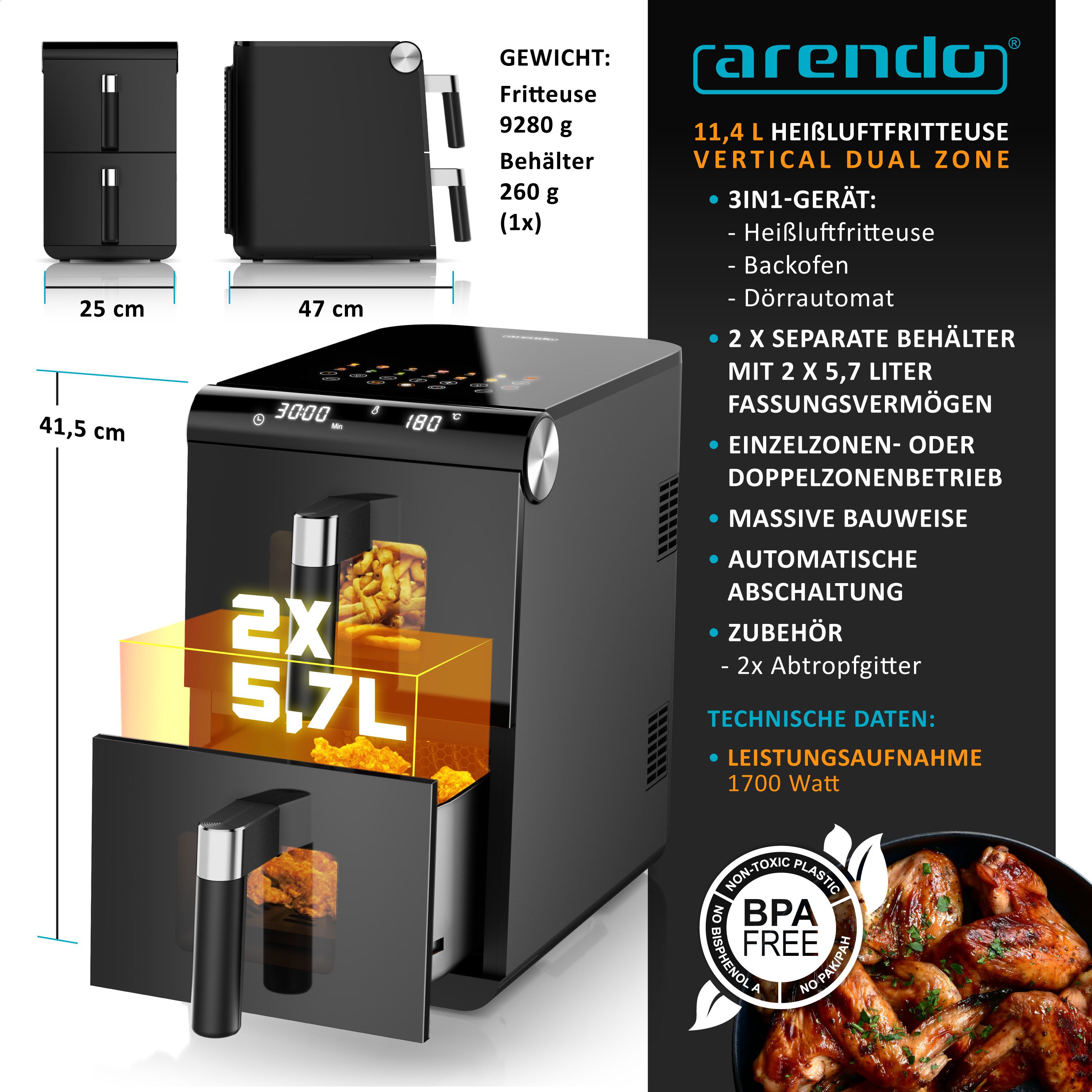 Arendo Heißluftfritteuse mit 2 Kammern Übereinander, XXL Dual Zone Airfryer 11L, Doppelkammer, 2800 W, mit Zubehör, Umluft Backofen, Sichtfenster, fettarmes gesundes Kochen