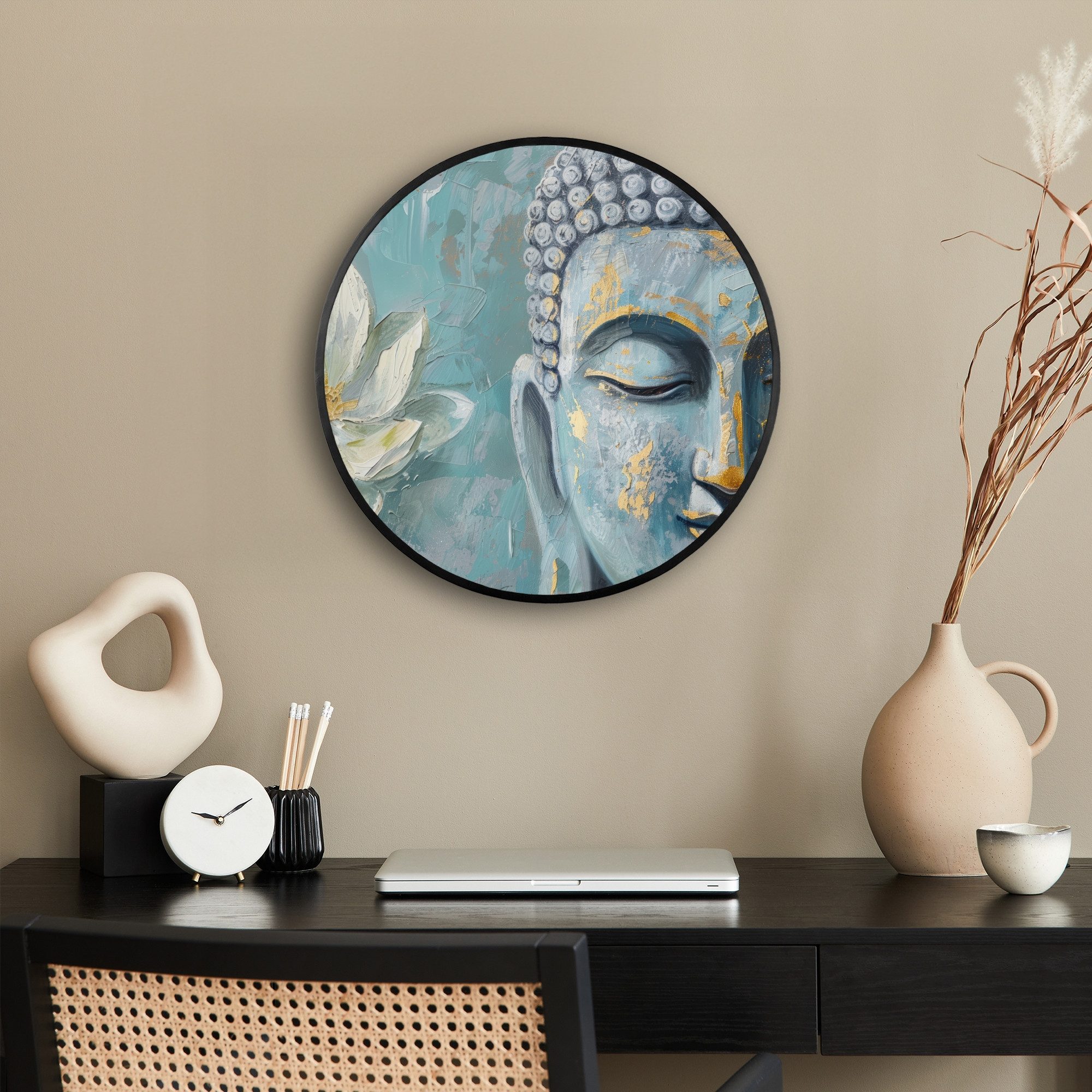 MuchoWow Poster Rund - Buddha - Blume - Lotus - Gold - Blau, (1 St), Runde Wandbilder, Deko für Wohnzimmer und Schlafzimmer, 40x40 cm