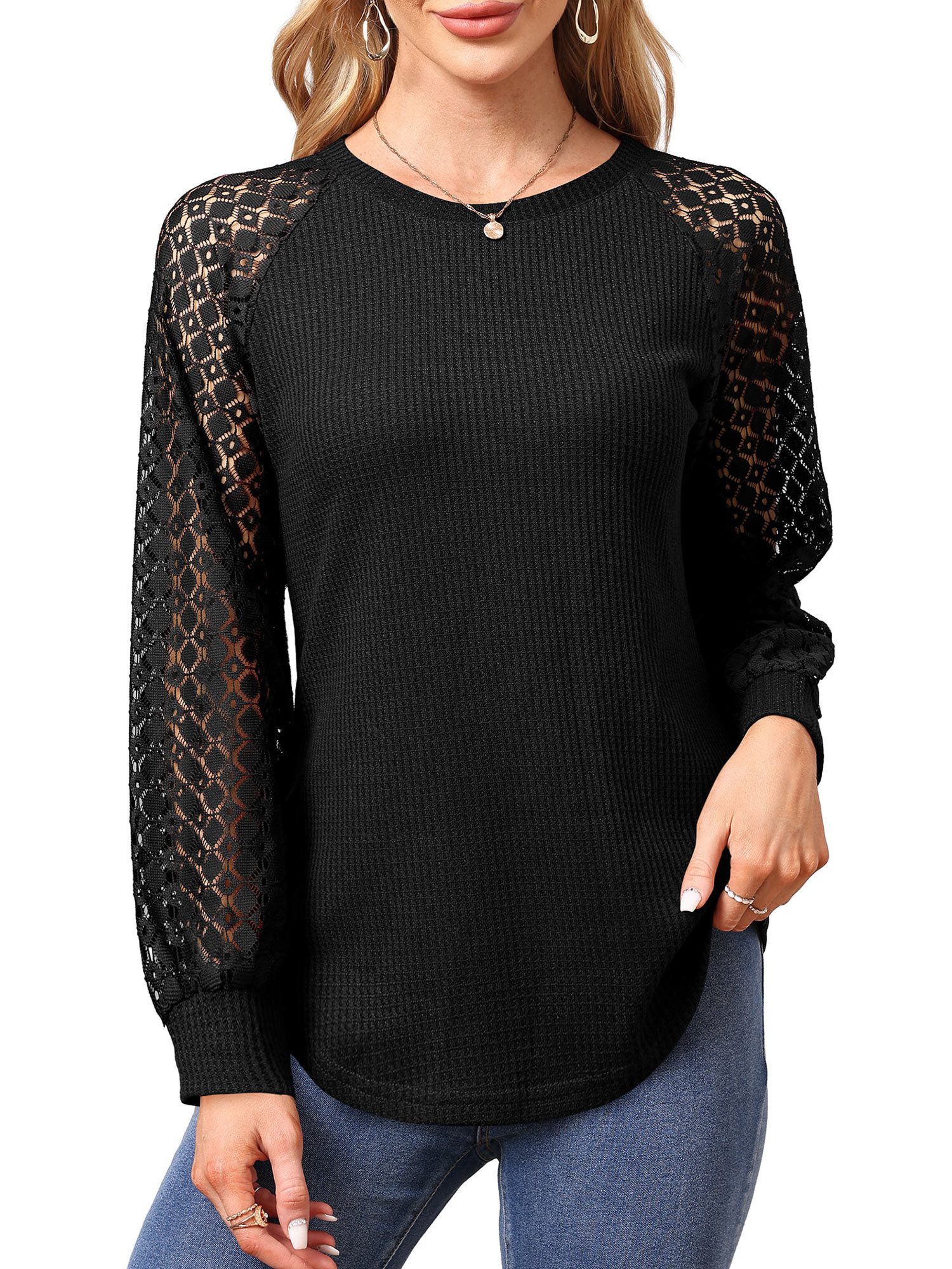 Beluring Langarmshirt Damen Langarm Bluse mit Spitzen und Waffeloptik, Busi günstig online kaufen