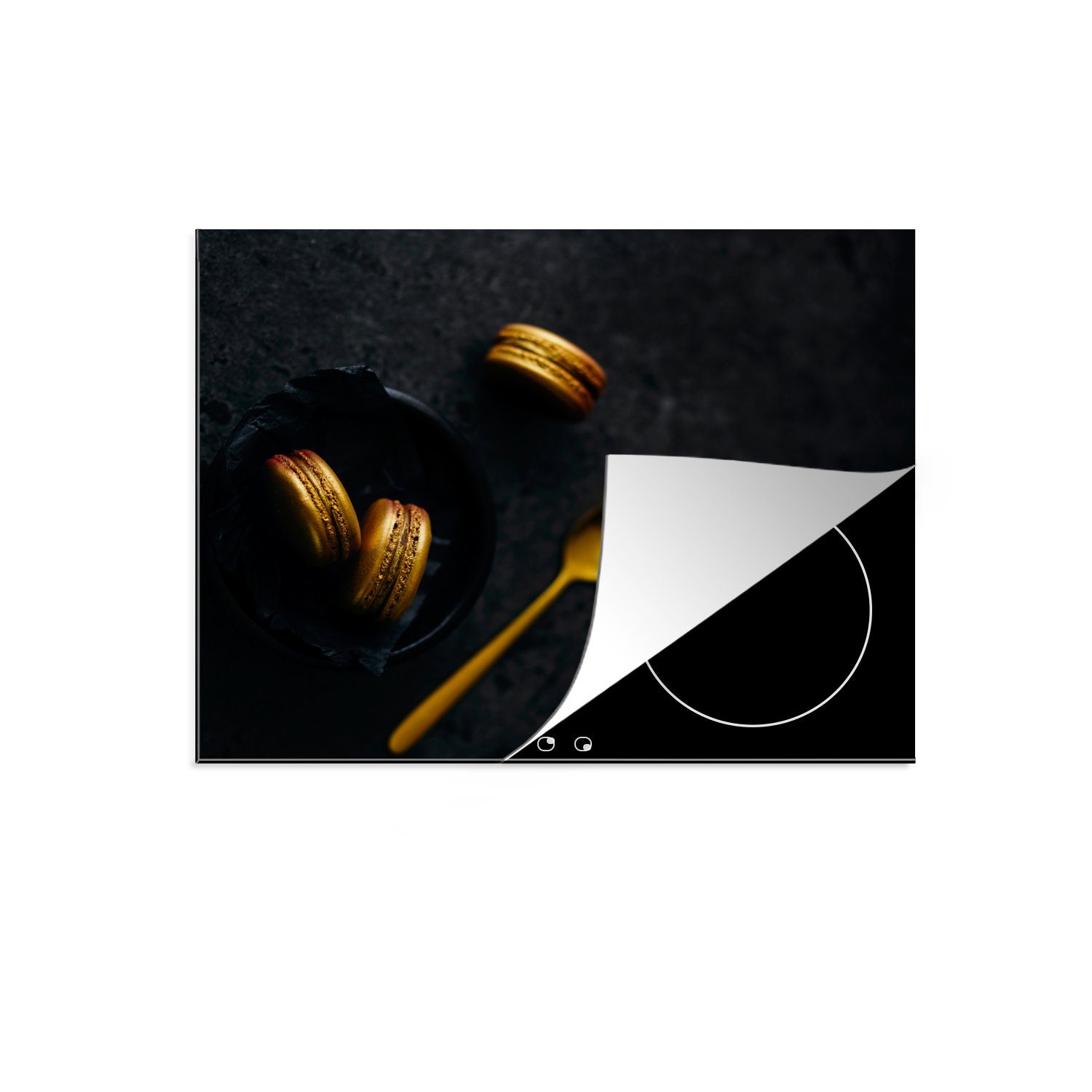 Gold Makronen Stilleben, - - tlg), nutzbar, Mobile Ceranfeldabdeckung MuchoWow 60x52 Löffel - Vinyl, Arbeitsfläche (1 cm, - Schwarz Herdblende-/Abdeckplatte