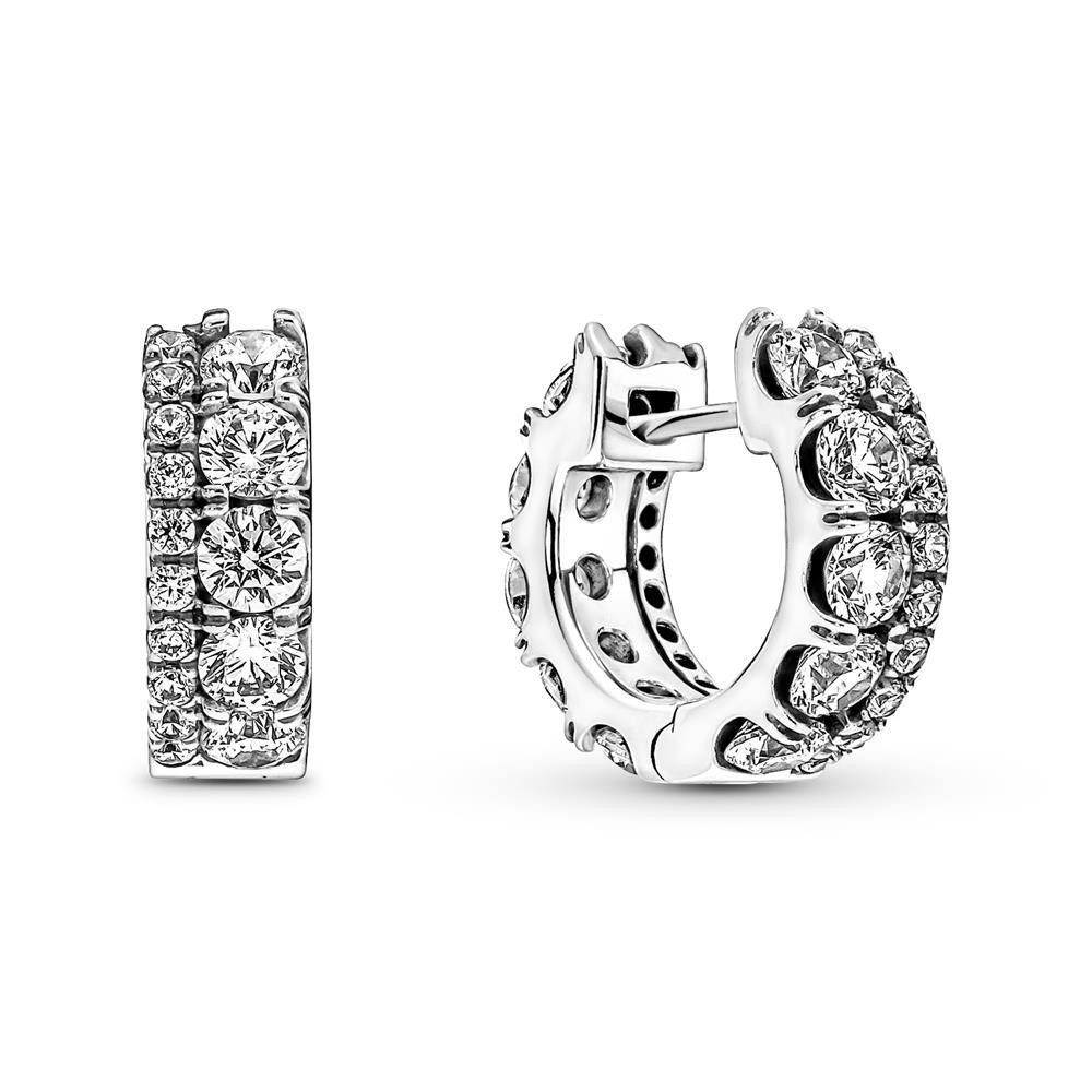 Paar Creolen Pandora Doppelband Pavé Ohrringe in Sterling-Silber mit Zirkonia