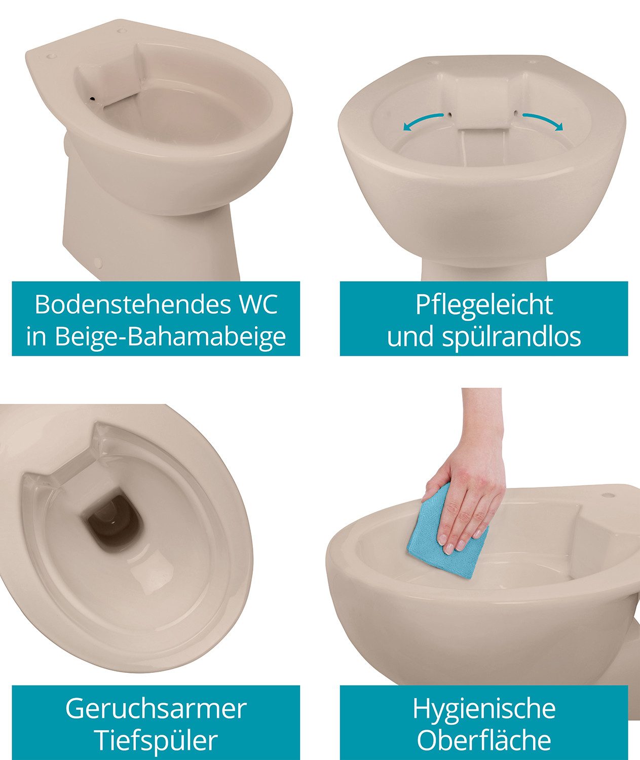 Calmwaters Tiefspül-WC Stand-WC spülrandlos, bodenstehend, Abgang Waagerecht, Set mit WC-Sitz und Spülkasten, Beige-Bahamabeige, Absenkautomatik, Abnehmbar, 990 – Bild 2 von 5