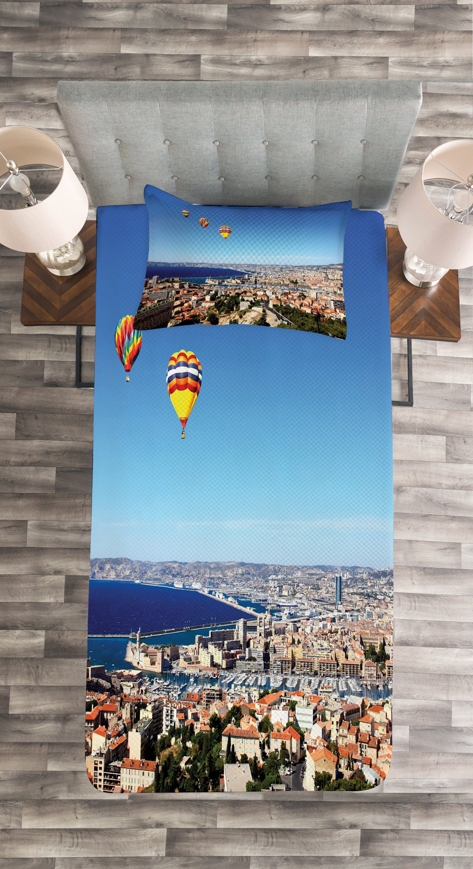 Tagesdecke Set mit Luftaufnahme Frankreich Kissenbezügen von Marseille Abakuhaus, Waschbar