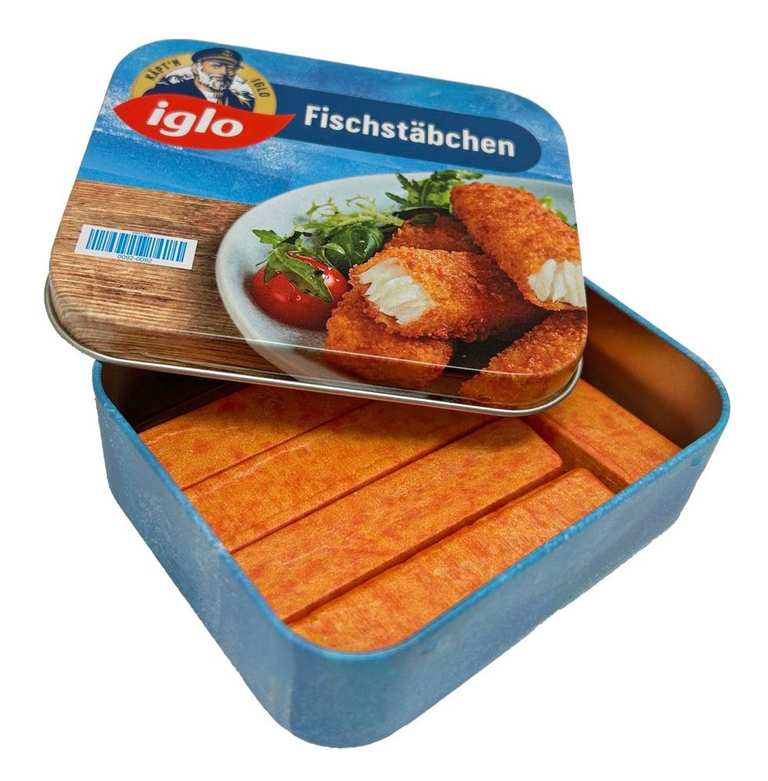 Chr. Tanner Spiellebensmittel Iglo Fischstäbchen aus Holz in Metalldose für Kaufladen, (6-tlg), mit blauem Barcode scannbar