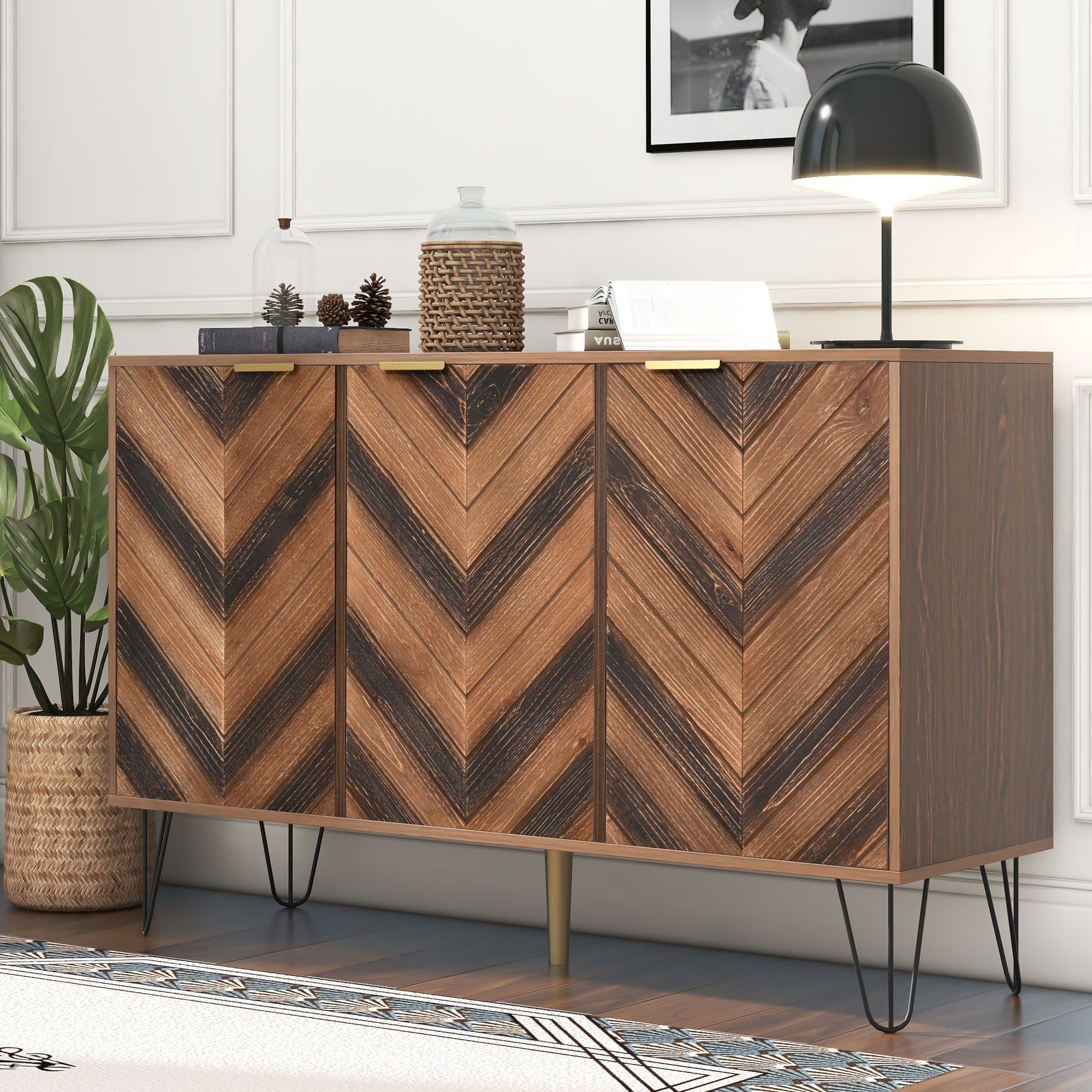 Sideboard (Kommode mit 3 Türen und goldenen Metallgriffe), Fischgrätenmuster Design, Highboard Holz, Breite 120 cm
