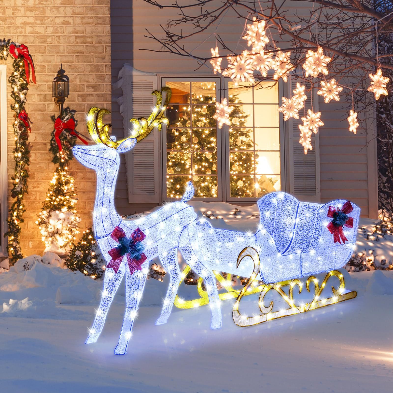 COSTWAY Weihnachtsfigur, LED-Rentier mit Schlitten, Weihnachtsdeko, günstig online kaufen
