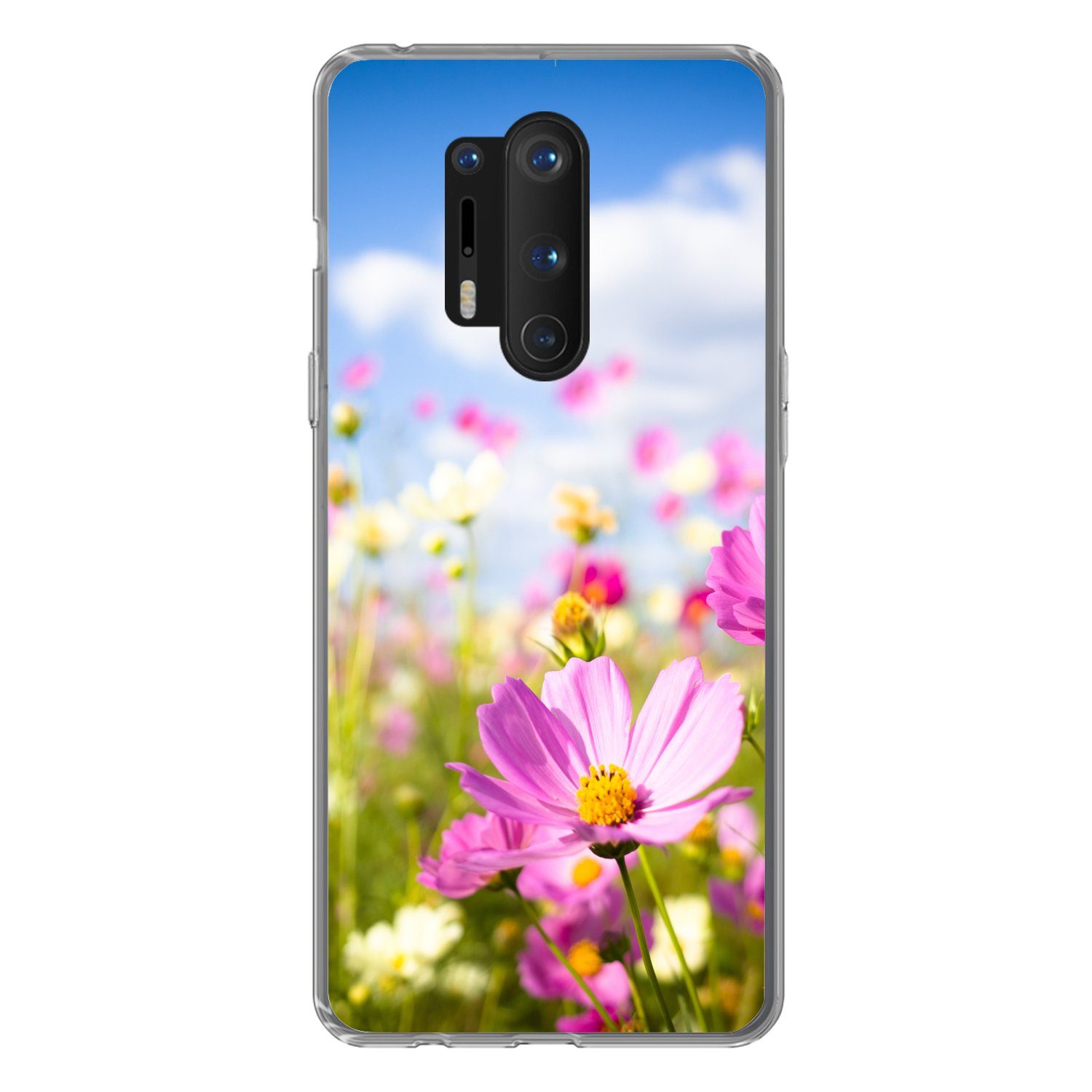 MuchoWow Handyhülle für OnePlus 8 Pro Blumen - Wiese - Lila - Gras - Weiß - Wolken - Blau, Phone Case, Silikon, Schutzhülle Dünn