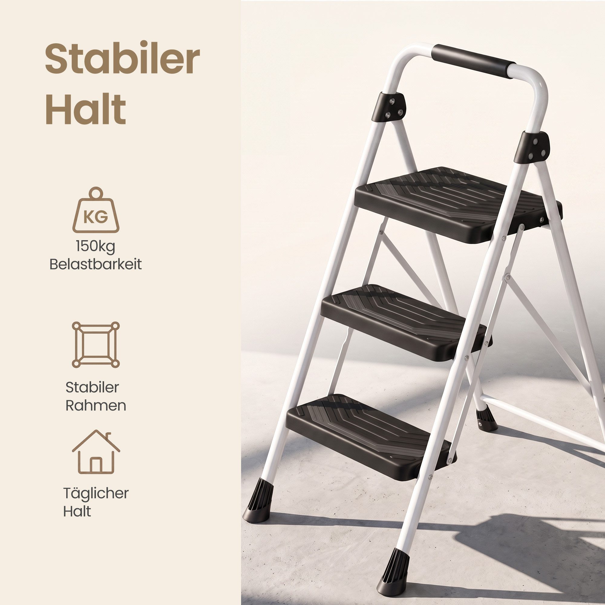 SONGMICS Trittleiter Klapptritt aus Stahl Klappbar mit Handlauf, 3 Stufen, 99 x 40,5 x 6,5 cm Weiß – Bild 5 von 5