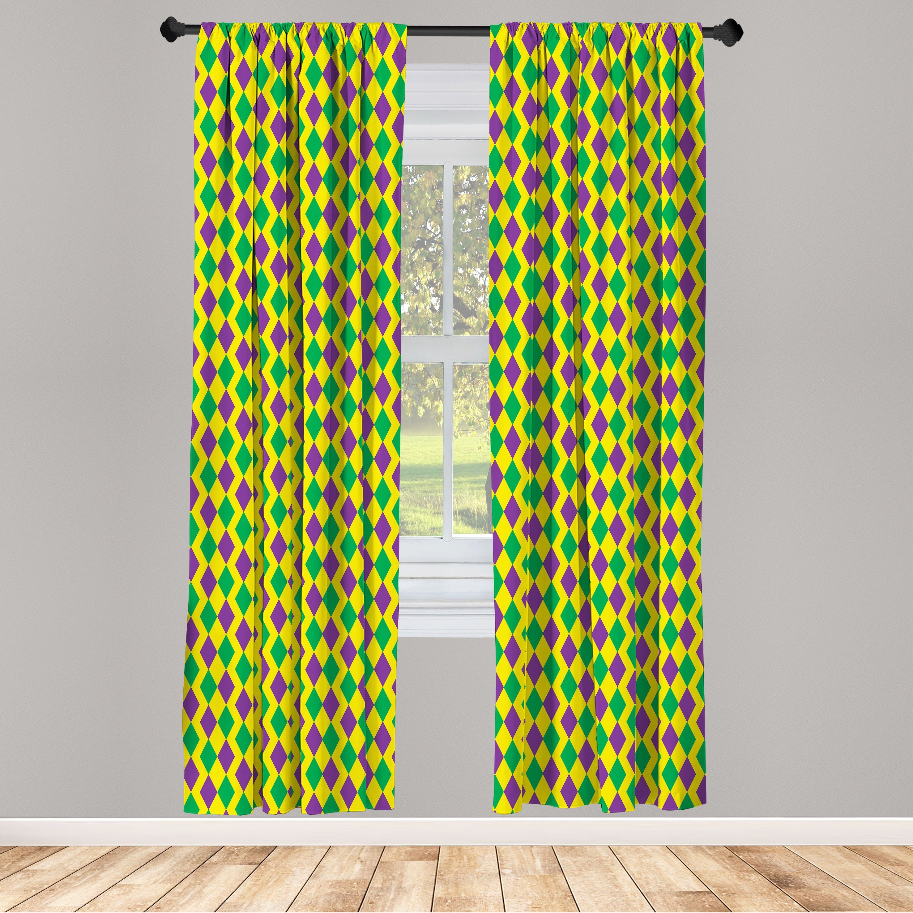 Gardine Vorhang für Wohnzimmer Schlafzimmer Dekor, Abakuhaus, Microfaser, Grün und Lila Karneval Rhombs