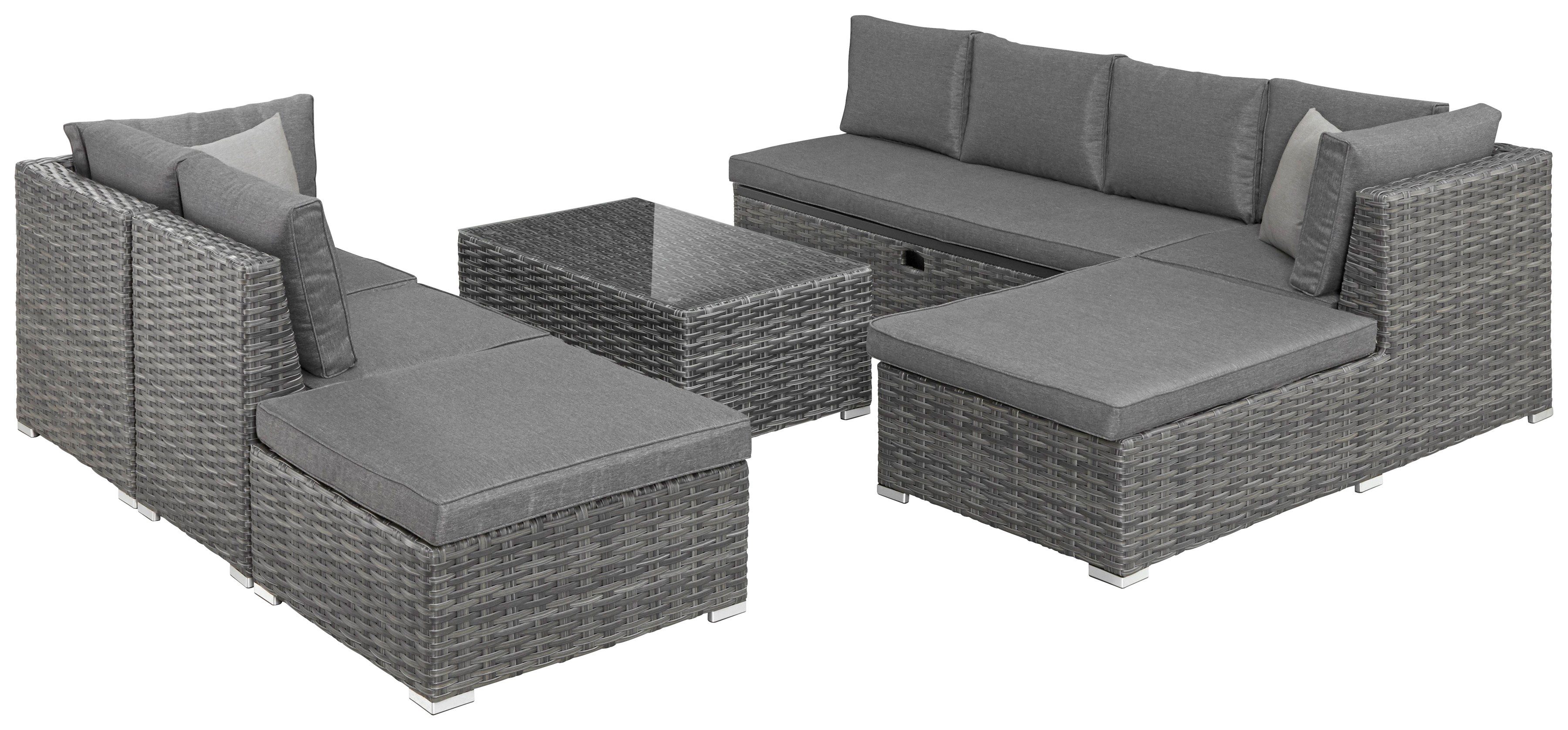 KONIFERA Gartenlounge-Set New York, (21-tlg., 1x 3er AZ-Sofa, 1x Ecke, 1x Sessel, 1x Ottomane mit Staufach, 1x Tisch), Tisch 110x65 cm, Aluminium,Polyrattan,individuell stellbar,10 Personen
