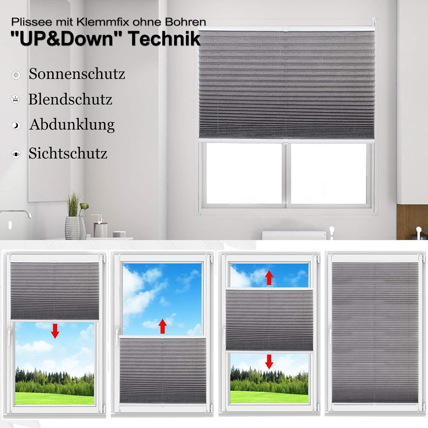 Woltu Plissee, halbtransparent, Klemmfix, Klemmfix, Jalousie Faltrollo Blickdicht