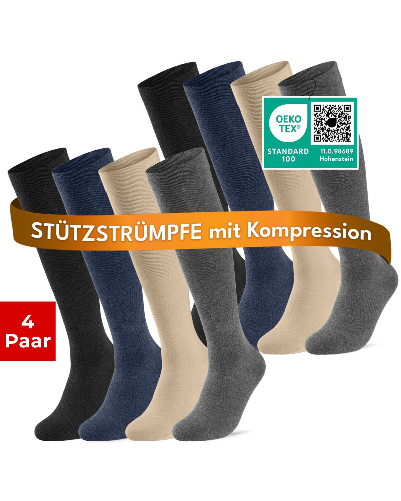 sockenkauf24 Stützkniestrümpfe Kompressionsstrümpfe Reisestrümpfe Stützstrümpfe mit Kompression (4-Paar) aus Baumwolle für Damen & Herren mit Komfortbund