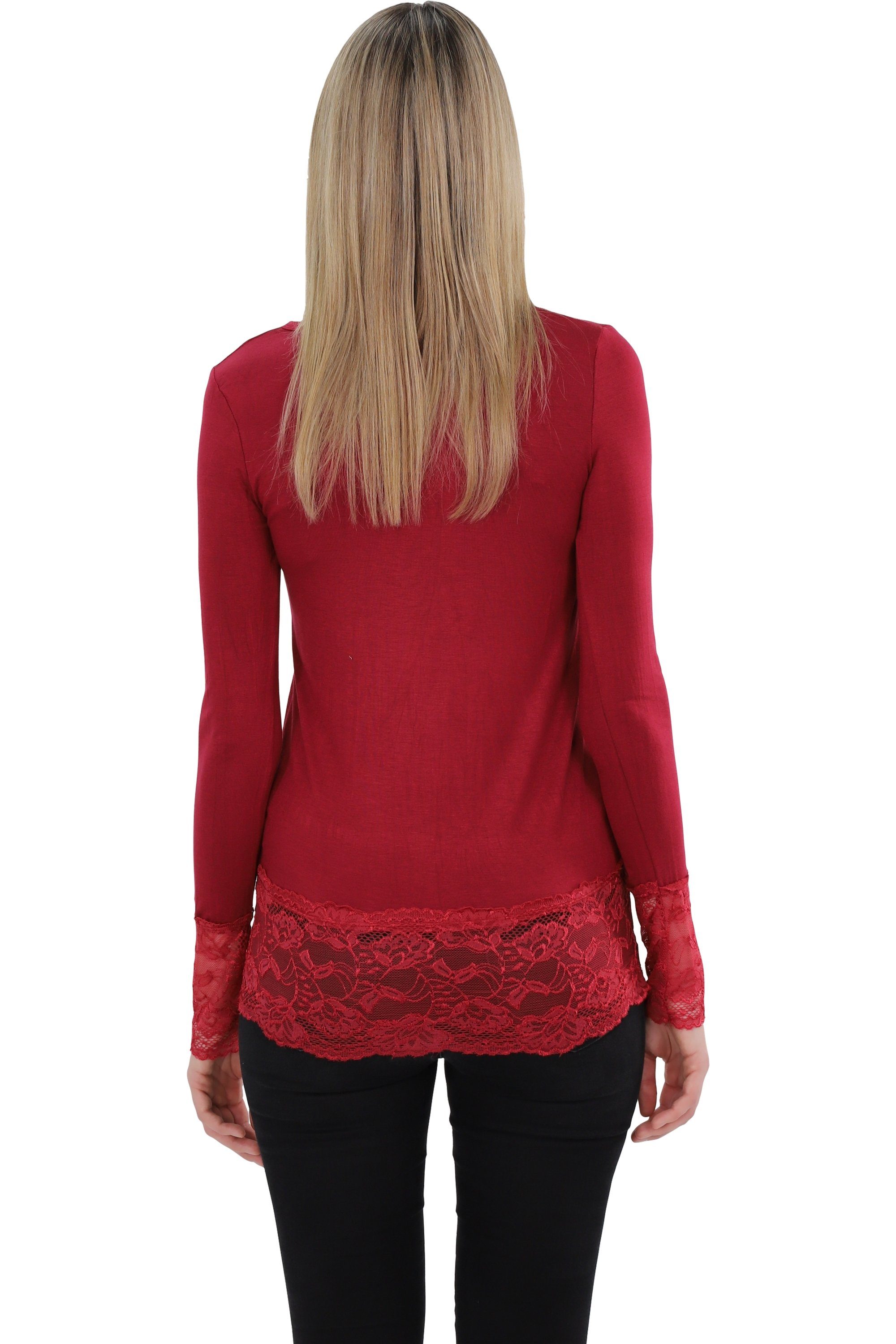 Muse Rundhalsshirt Langarm Longshirt mit Spitzensaum 0998