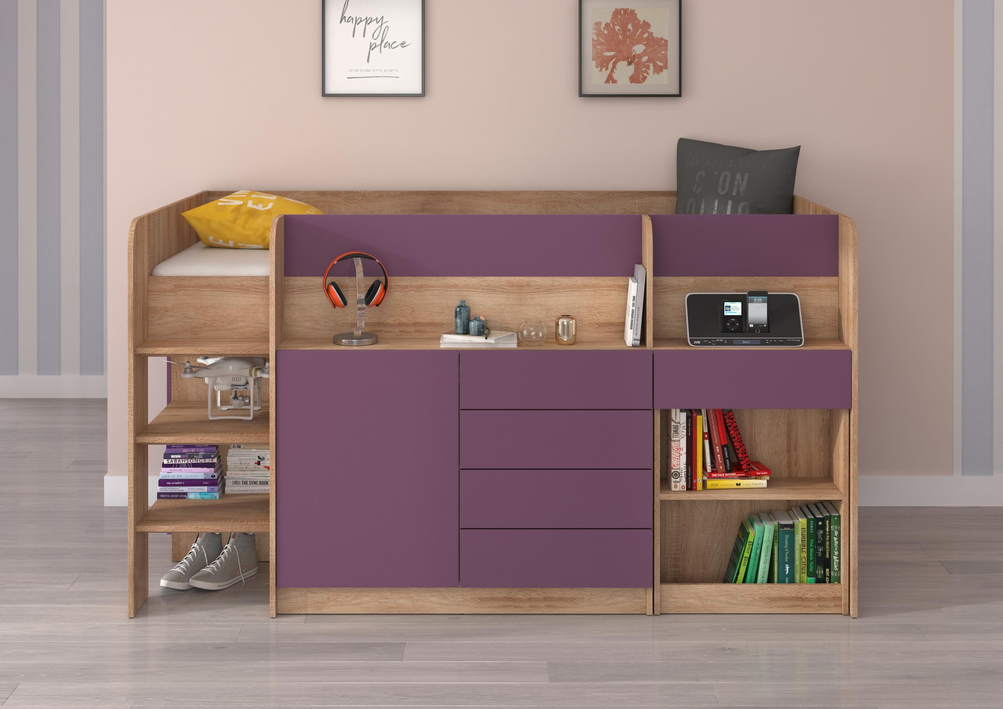 Hochbett Hochbett und Schränken, Regal Breite integrierten Sonoma Schreibtisch 204cm, und Violett Domando Eiche mit Sondrio