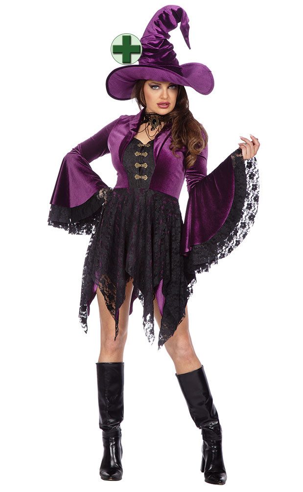 Karneval-Klamotten Hexen-Kostüm Damen Samt lila schwarz kurz hochwerig m Hexenhut, Halloweenkostüm Frauenkostüm Hexe Damenkostüm Hexenkleid mit Hexenhut