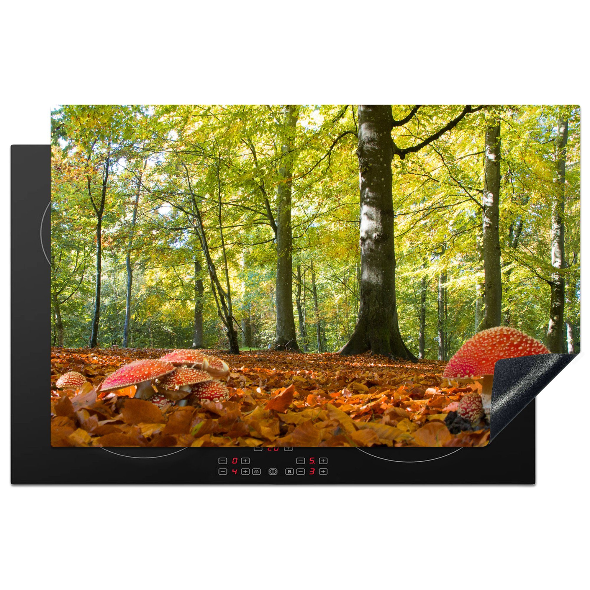 MuchoWow Herdblende-/Abdeckplatte Rote Pilze in einem bewaldeten Gebiet, Vinyl, (1 tlg), 81x52 cm, Induktionskochfeld Schutz für die küche, Ceranfeldabdeckung