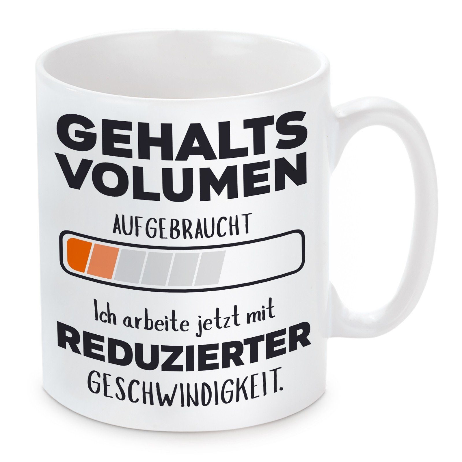 Herzbotschaft Tasse Kaffeebecher mit Motiv Gehaltsvolumen aufgebraucht, Keramik, Kaffeetasse spülmaschinenfest und mikrowellengeeignet