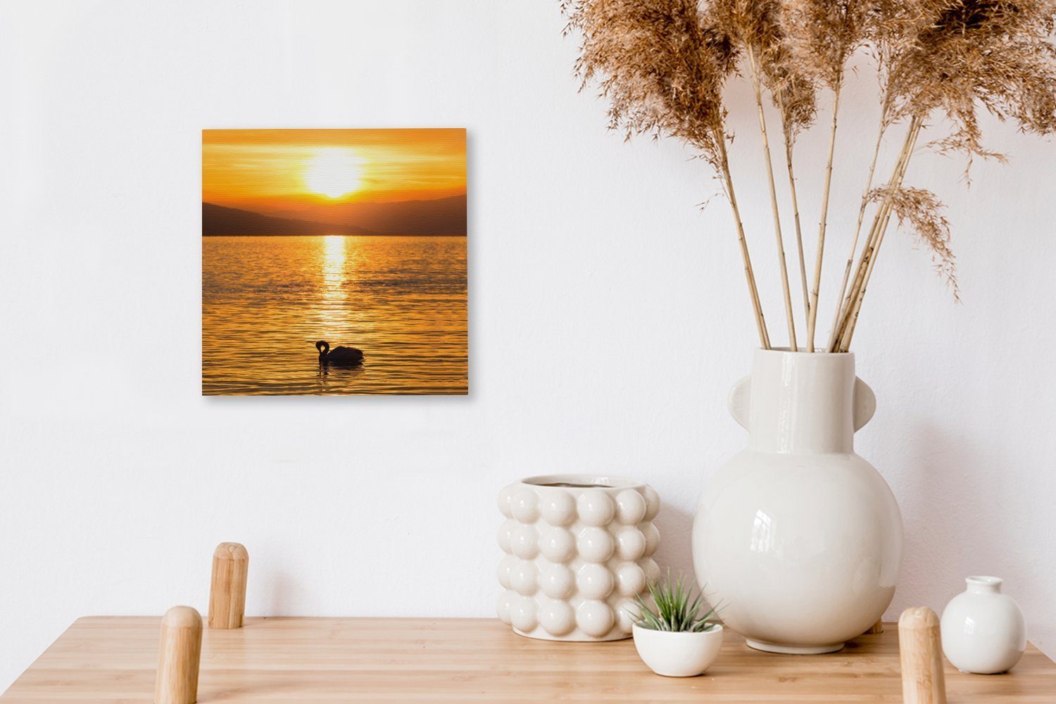 Leinwandbild Gold, Bilder (1 St), Schlafzimmer OneMillionCanvasses® Schwan für Wohnzimmer - Leinwand Sonnenuntergang -