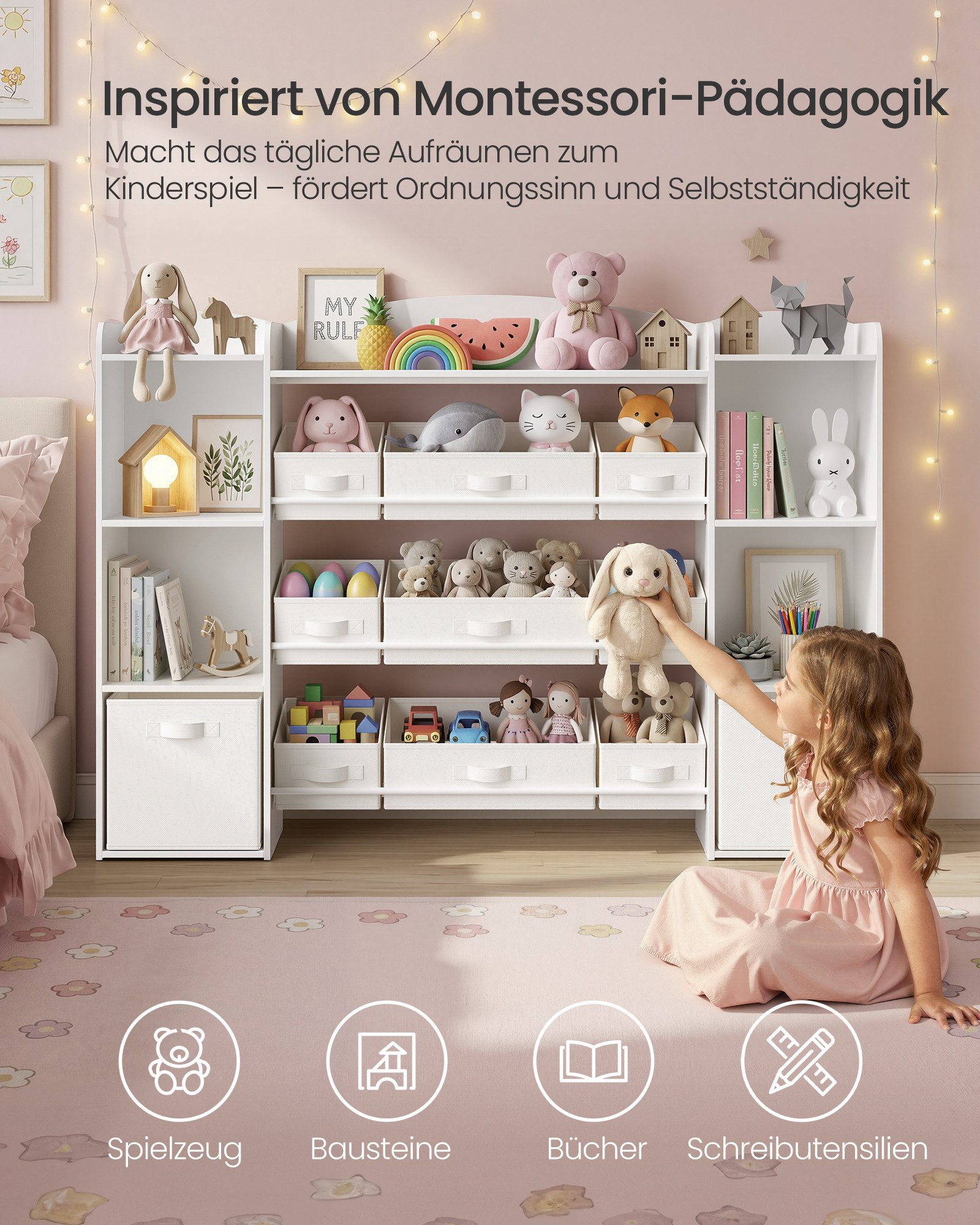 SONGMICS Spielzeugtruhe Kinderregal, Bücherregal, Spiegelregal, 2/4 offene Fächer, 9 mittlere flexible und 2 seitliche Boxen,143,8x30 x104 cm