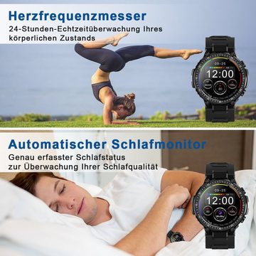 HYIEAR Smartwatch Damen Herren,1,39", bluetooth kopfhörer 5.3,für Android/iOS Smartwatch, austauschbaren Armbändern, Ladekabeln, Drei Paar Ohrstöpsel, Sportarmband, Fitnessuhr