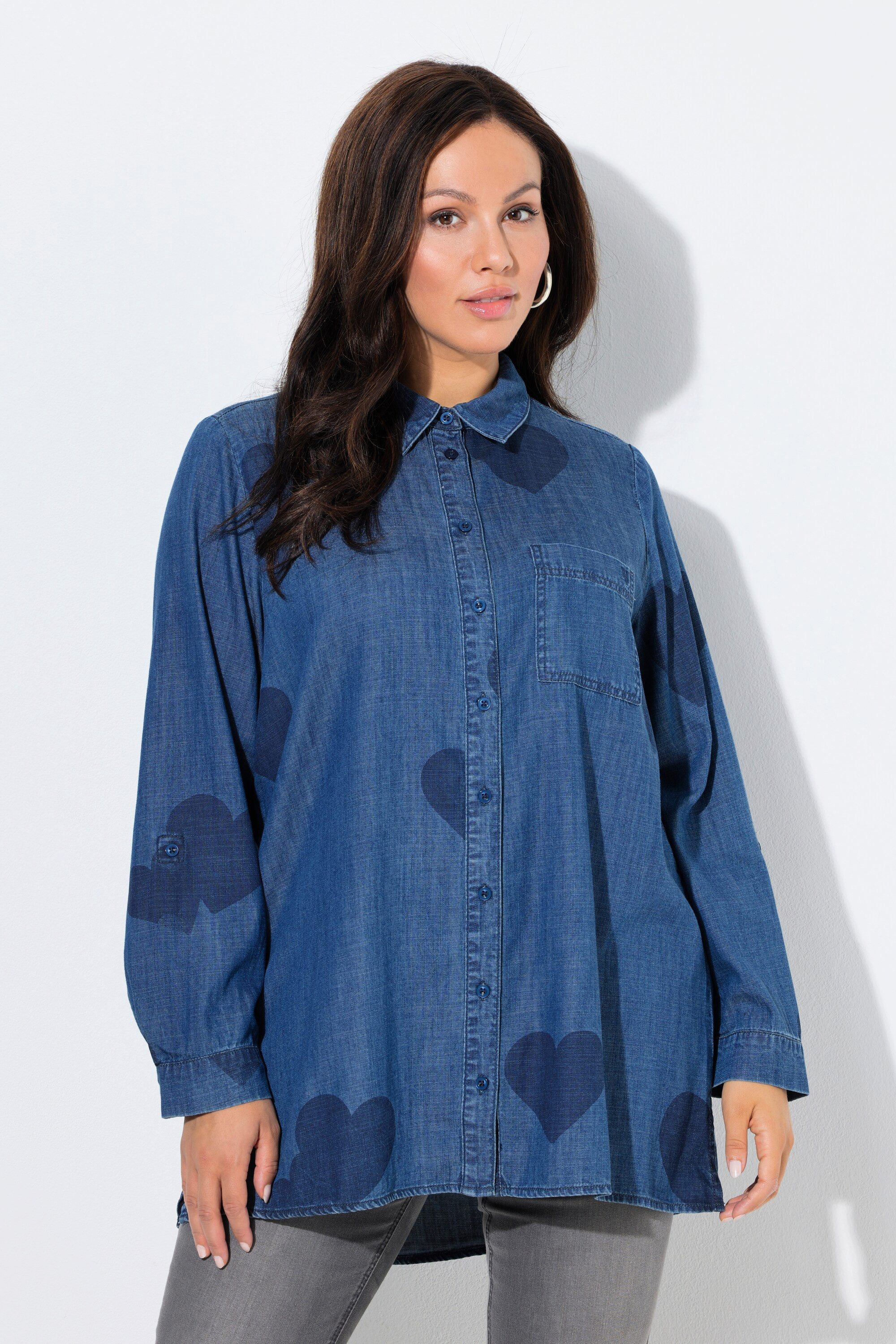 Ulla Popken Hemdbluse Jeansbluse Herzen Hemdkragen Langarm Lyocellmix