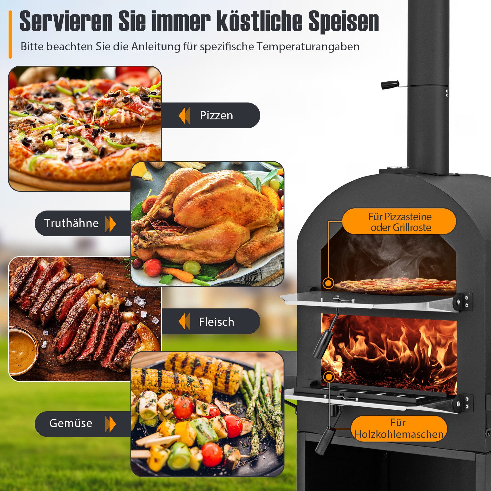 COSTWAY Pizzaofen, Holzgefeuerter Pizzaofen mit Schutzabdeckung, Pizzastein