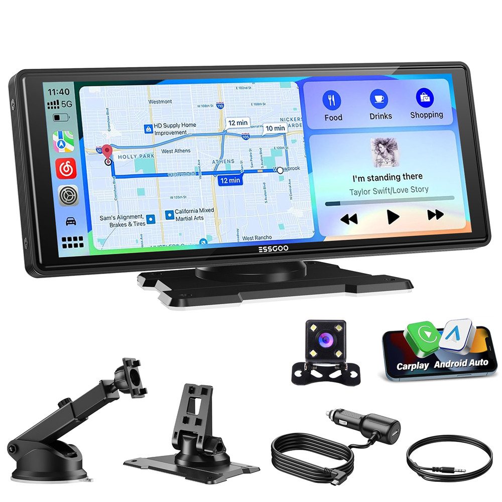 ESSGOO 10.26" Autoradio Kabellos Tragbar Apple CarPlay & Android Auto Einbau-Navigationsgerät (Autoradio Bluetooth Sprachsteuerung)