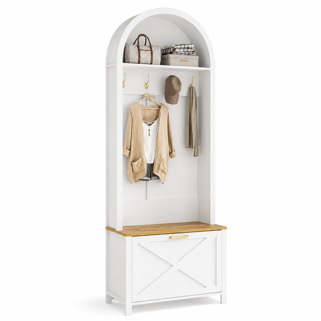 Yorbay Garderobe mit Schuhschrank & Hakenleiste, Moderner Hall Tree für den Flur (195 x 75 x 35 cm), Kompakter Garderobenschrank mit Ablage