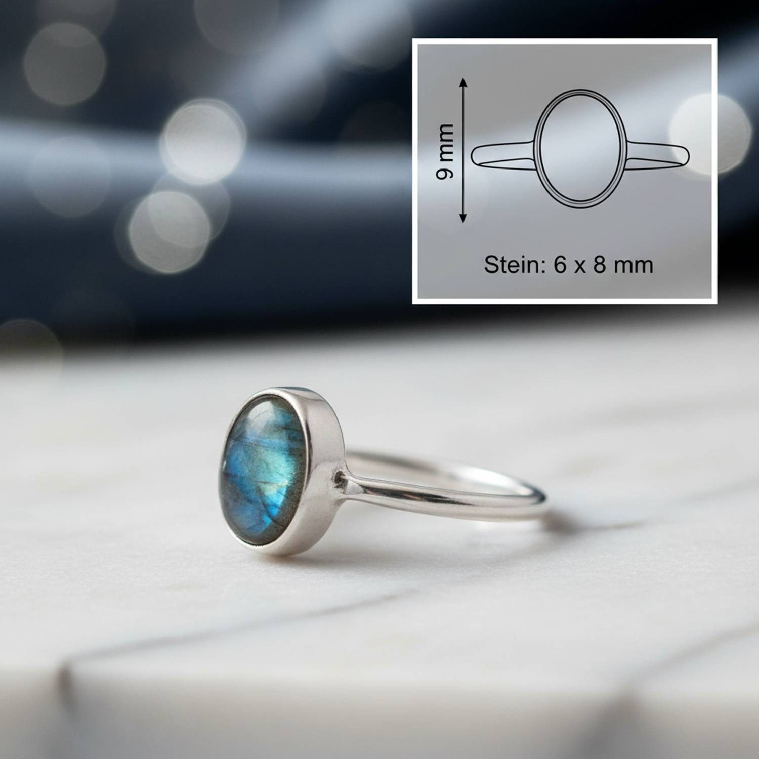 mantraroma Silberring SAMA oval aus 925 Silber mit Labradorit (Ring mit Schmuckbeutel), Damenring aus 925er Silber