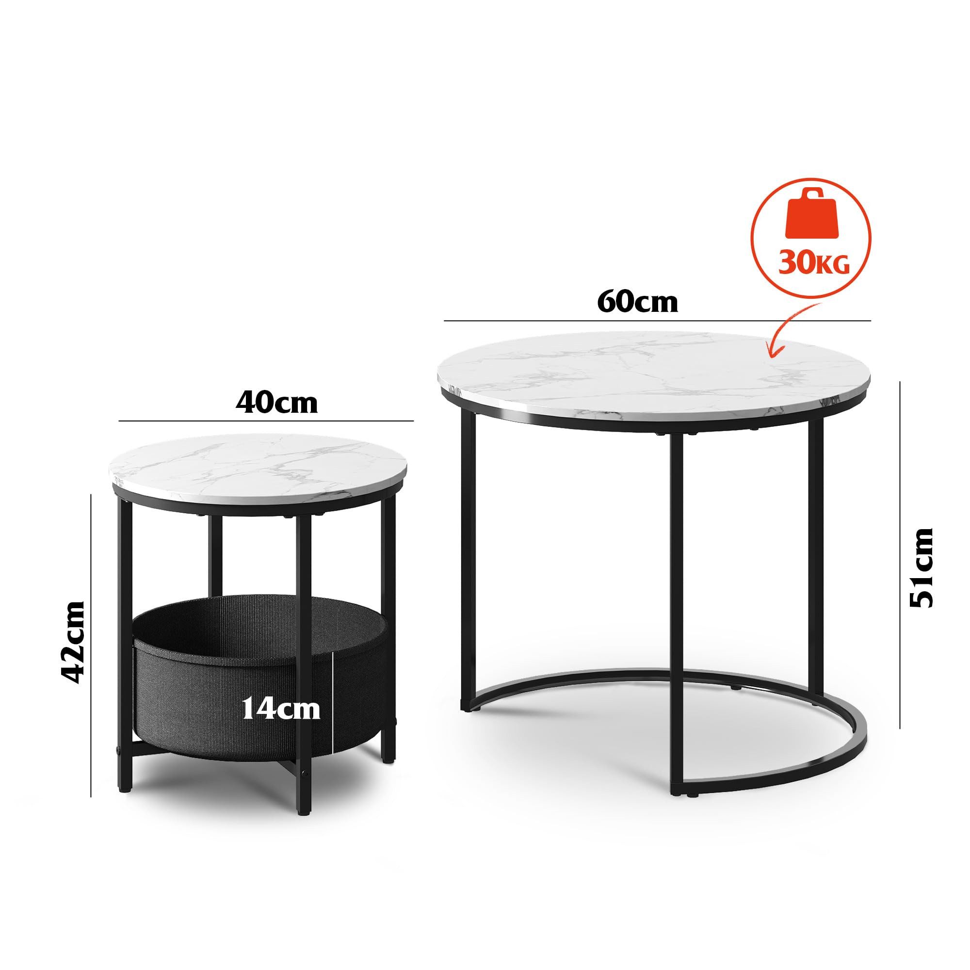 WLIVE Couchtisch Couchtisch 2er‑Satztisch rund mit Stauraum, (Beistelltisch mit Stoffkorb & Metallgestell, Holzoptik, 2er Set), 2 in 1 Verschachtelung
