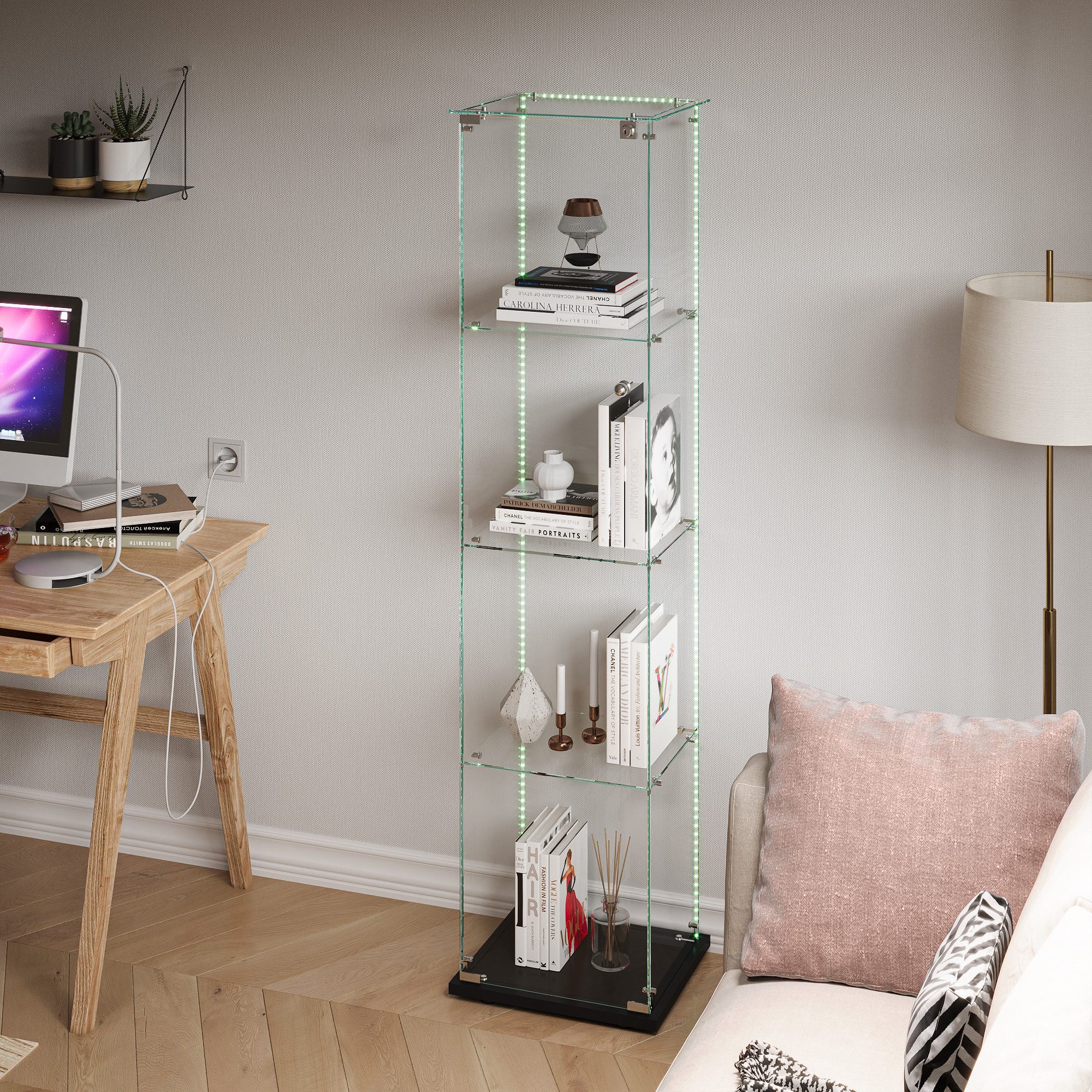 BELUPAI Glasvitrine Standvitrine 4 Lagen Vitrinenschrank (Set, 1-St., Glas Vitrine mit 1 Glastür und Schloss, LED-Lichtleiste) für Sammlerstücke Bücher Figuren Modelle, 40 x 35 x 163 cm