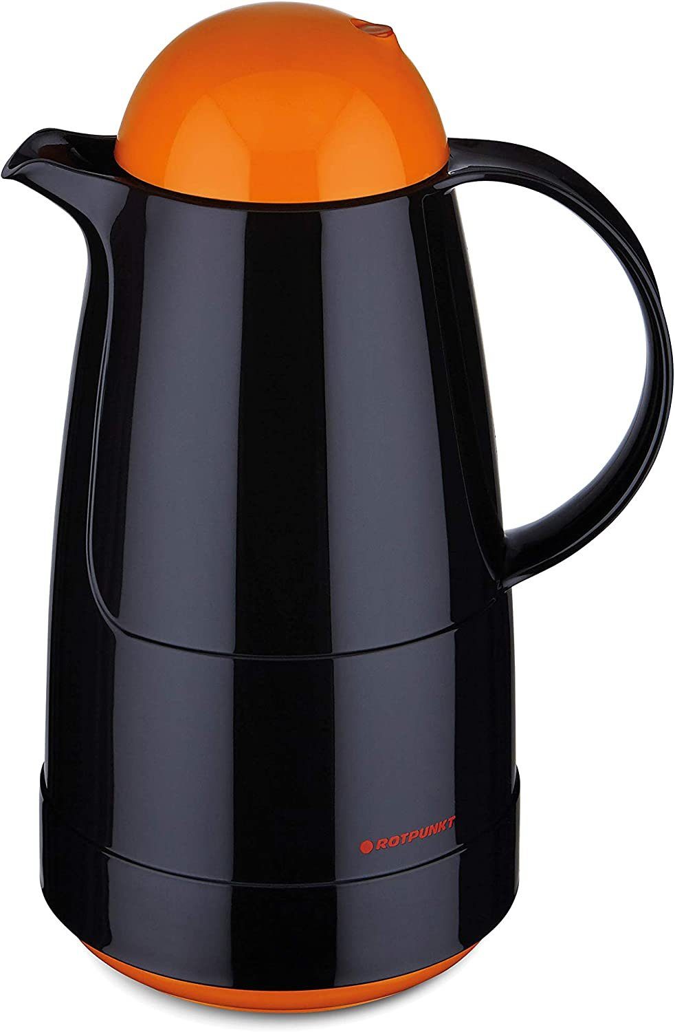 ROTPUNKT Isolierkanne 1,0 ltr. hochwertig I Glaseinsatz I BPA Frei I Made in Germany, 1,0 l, (Kaffeekanne I Teekanne, black/clementine), Glaskolben aus doppelwandigem Rosalin-Glas