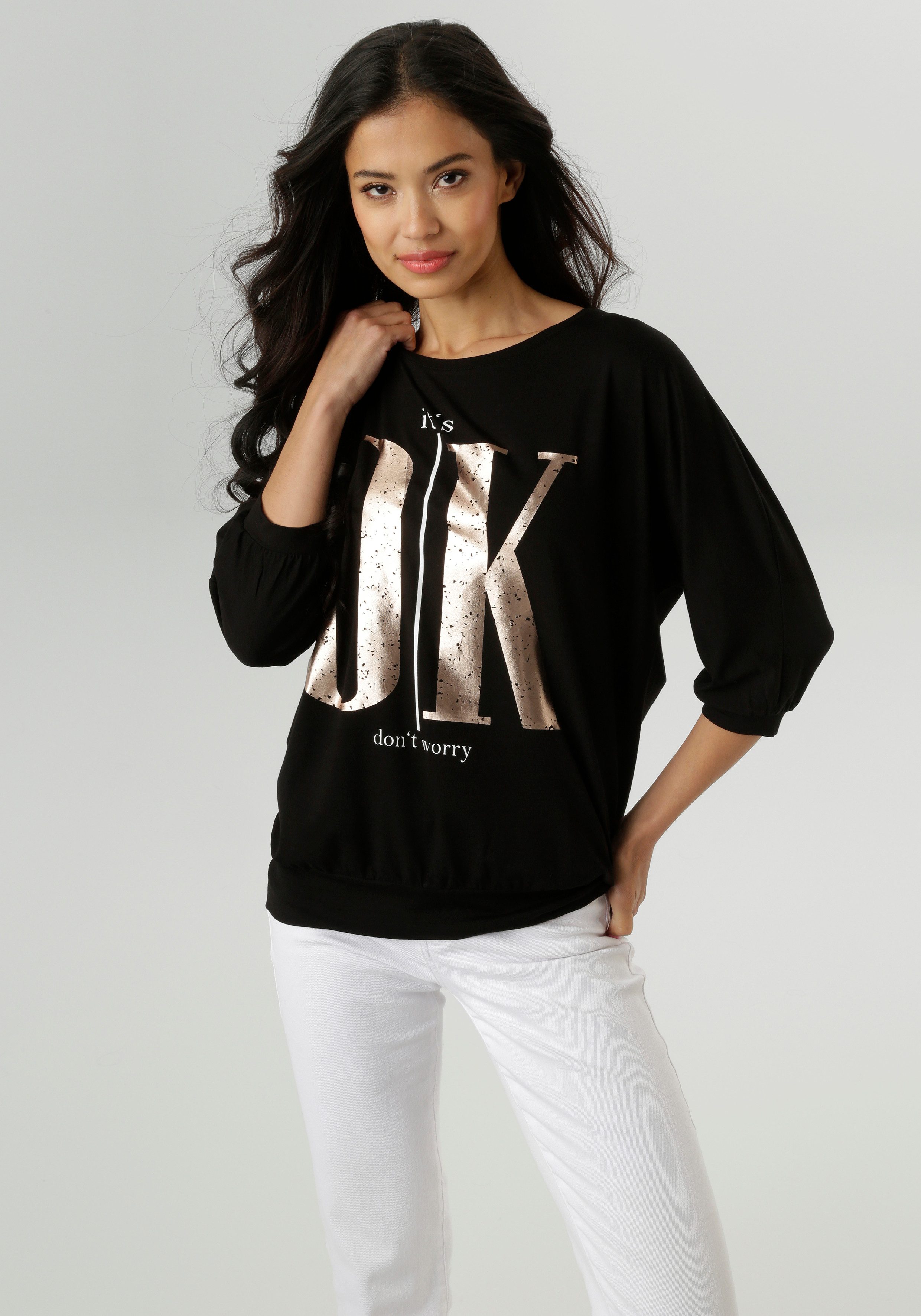 Aniston SELECTED 3/4-Arm-Shirt mit weißen und goldfarbigen Statements günstig online kaufen